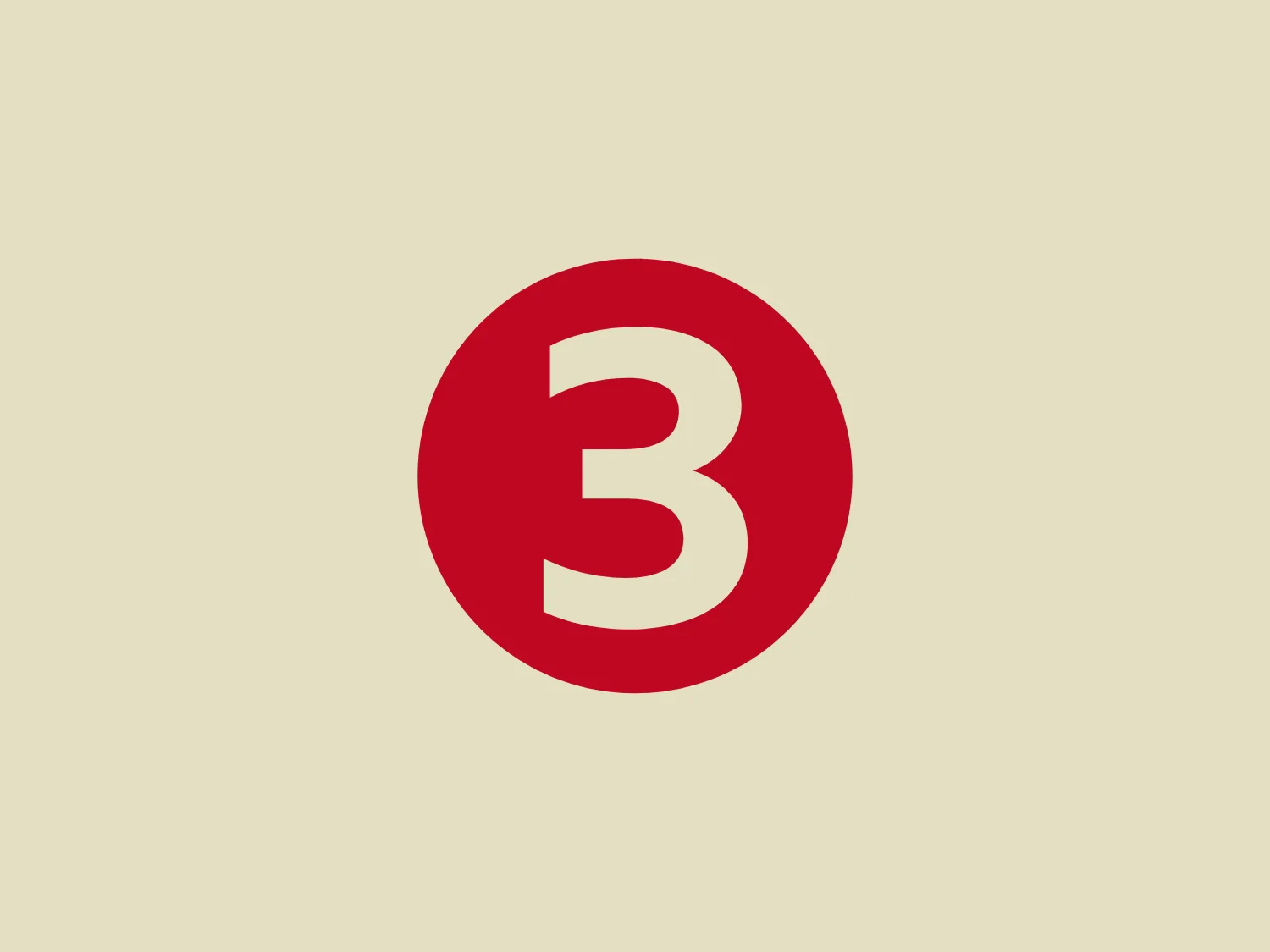 The logo for BBC Radio 3 features a simple yet bold design, comprising a flat, bright red circle as a backdrop for the large white numeral '3' at its center. The '3' showcases a modern sans-serif font with clean lines and minimalist aesthetic, creating a strong contrast against the red circle. This design allows for immediate recognition, conveying energy and prominence. The color red suggests excitement and passion, while the white provides a clean visual break, ensuring the number stands out.