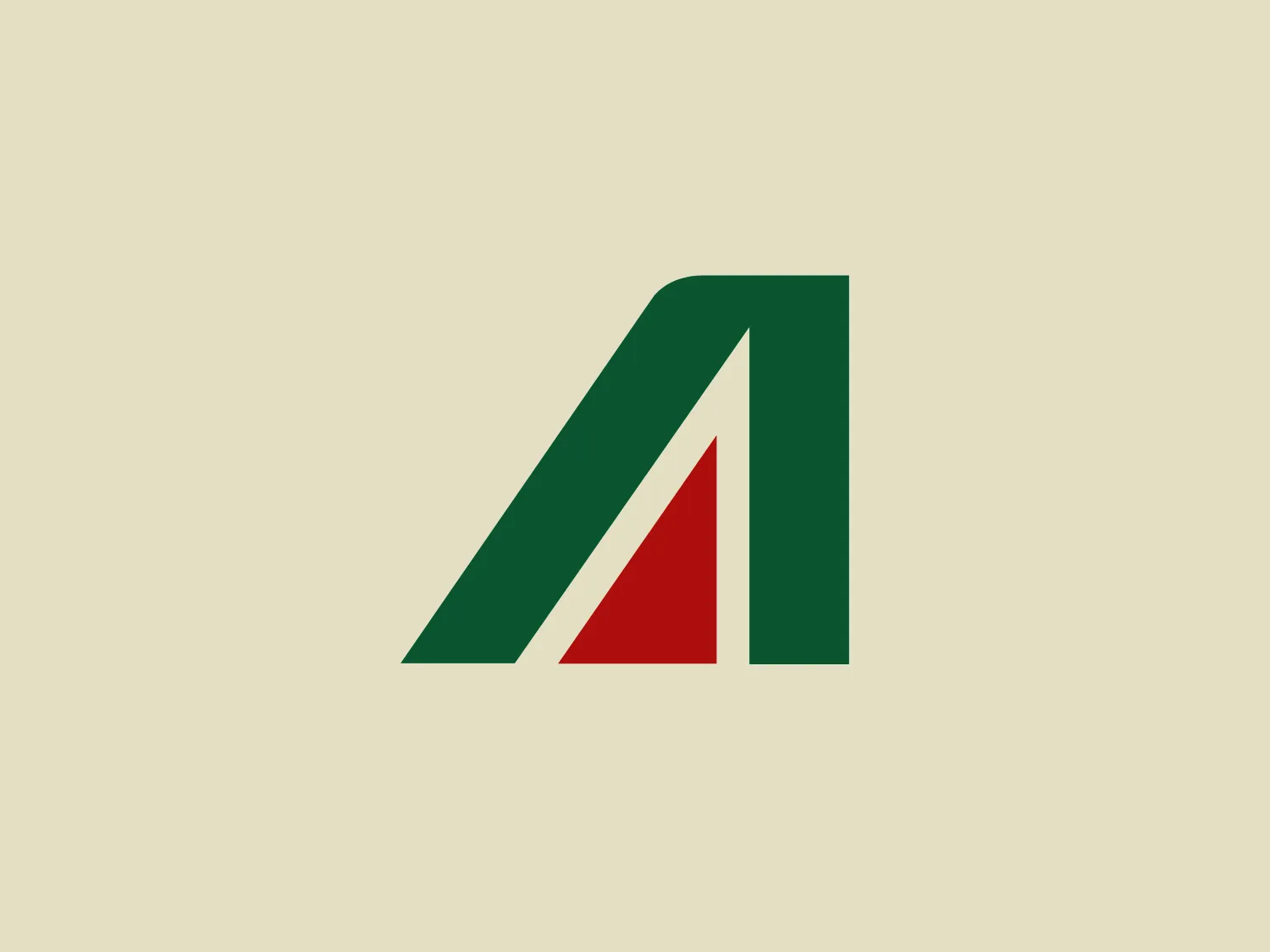 The Alitalia logo features a stylized, abstract design consisting of two main geometric shapes. The first shape is a green, elongated parallelogram, suggesting the letter "A," while the second shape is a red triangle nestled within the bottom right of the first shape, creating a sense of depth and contrast. The colors used are a bold, forest green and a vibrant red, which stand out against one another for a striking visual effect. The overall design aesthetic is modern, clean, and adaptable for various applications. The sharp angles and clean lines give the logo a professional and dynamic appearance.