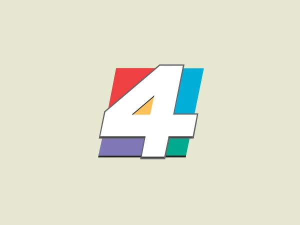 The News4Jax logo features a sleek and modern stylized number 4, formed by thick white lines and filled with flat, solid colors including red, blue, green, purple, and yellow. A thin grey line outlines the colorful shapes, maintaining a clean and structured look. The design is minimalistic and bold, utilizing color-blocking to achieve a playful yet balanced aesthetic.