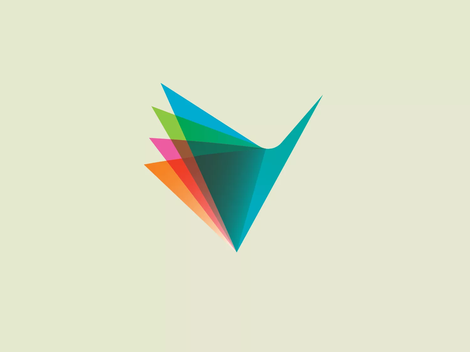 The logo presented for Velg Training is an abstract, geometric figure resembling a stylized bird in flight or a dynamic checkmark. It is composed of overlapping layers forming the wings, with a gradient color scheme ranging from teal and green on the left to shades of blue, purple, orange, and red on the right, giving it a vibrant and energetic look. The design features a modern and sleek aesthetic with a sense of motion and transformation, suggestive of speed, positivity, or progress. Additionally, the transparency effect where the layers overlap adds depth and complexity to the design.