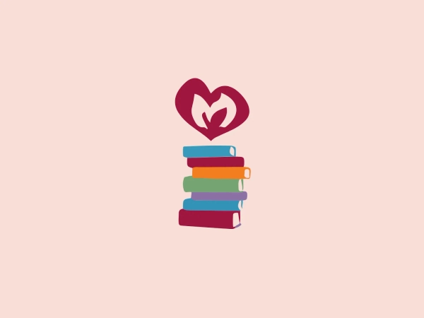 The Chispa Project logo showcases a stack of six horizontally aligned books in varying shades of purple, blue, teal, green, orange, and red. Each book features a slightly visible bookmark and has varying shades to indicate depth. Atop the stack, a crimson-red heart incorporates a stylized representation of two people reading side by side, situated within the heart's negative space. Designed with smooth, curved edges and a friendly aesthetic, the logo evokes a love for reading and the sharing of knowledge. A soft background would complement this logo by enhancing its warm and inviting nature.