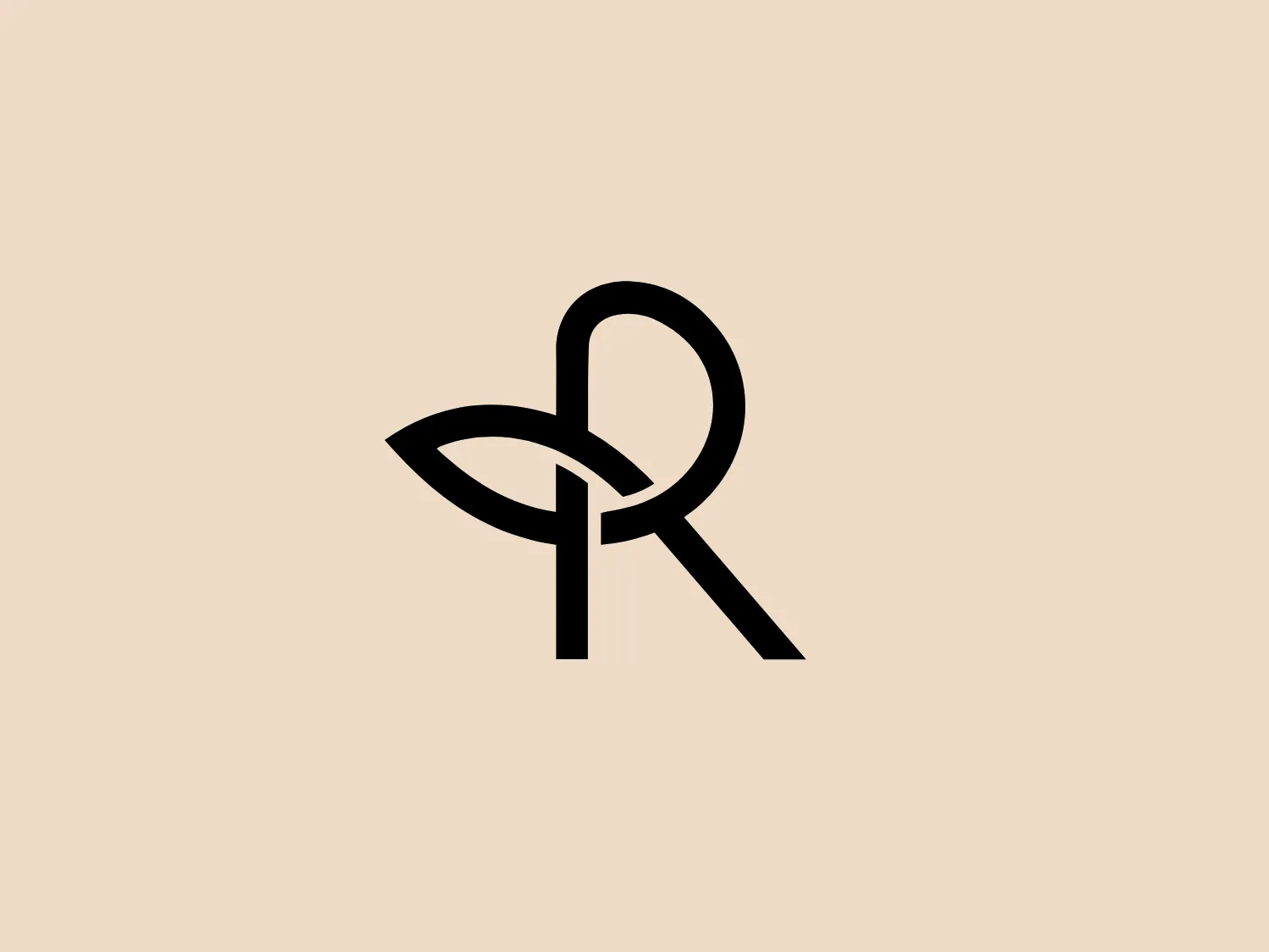 The image displays a monochrome, stylized logo that consists of a single continuous line forming what appears to be a letter "R" fused with a leaf-like shape. The design is sleek, modern, and minimalist, with the absence of additional ornamentation or color variety. The Roqberry logo's line starts thick at the bottom and tapers as it curves to form the "R", with a sharp angle to indicate the leaf's stem and a smooth rounded top that completes the design. Considering the simplicity of the Roqberry logo, a background color that doesn't overpower the design is preferable.