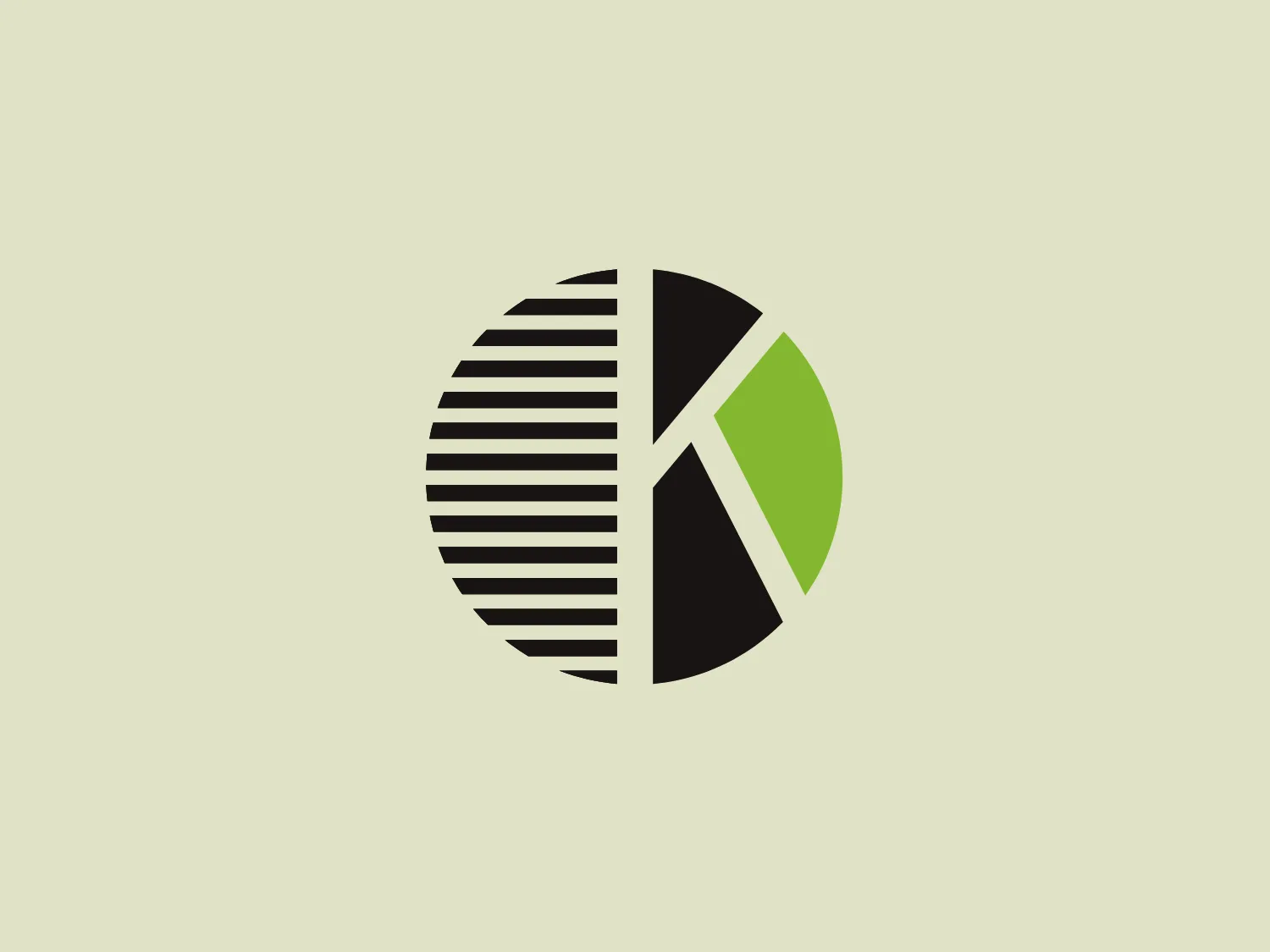 The KangerTech logo depicts a stylized, abstract geometric icon that suggests a pie chart or a segmented wheel. The design incorporates a balanced mix of triangles and a sector with parallel lines, creating a dynamic contrast. The colors used are a rich black, a vivid green, and a clean white, which harmonize to offer a modern and professional appearance. The icon sits on a pristine white background, emphasizing its boldness and simplicity. The parallel lines add a sense of texture and movement, guiding the eye around the design. This crisp and minimalistic design would stand out against a subtle, light background.
