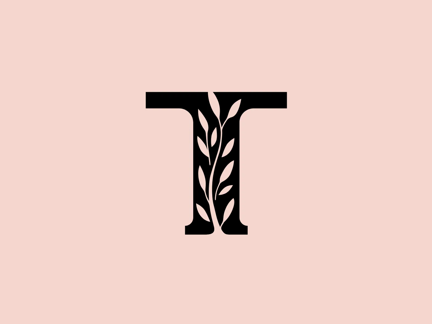 The image is a monochromatic logo featuring the business name "Thymes" in a stylized letter "T." The logo has a bold, black design with a series of organic, leaf-like shapes cut out from the body of the letter to form an intricate pattern. The leaves create a sense of growth and natural elegance within the otherwise geometric character. The overall design aesthetic marries the simplicity of the letterform with the complexity and grace of nature. This blend of natural motifs with modern design gives the logo a unique and memorable look, appropriate for a brand emphasizing eco-friendliness, growth, or wellness.