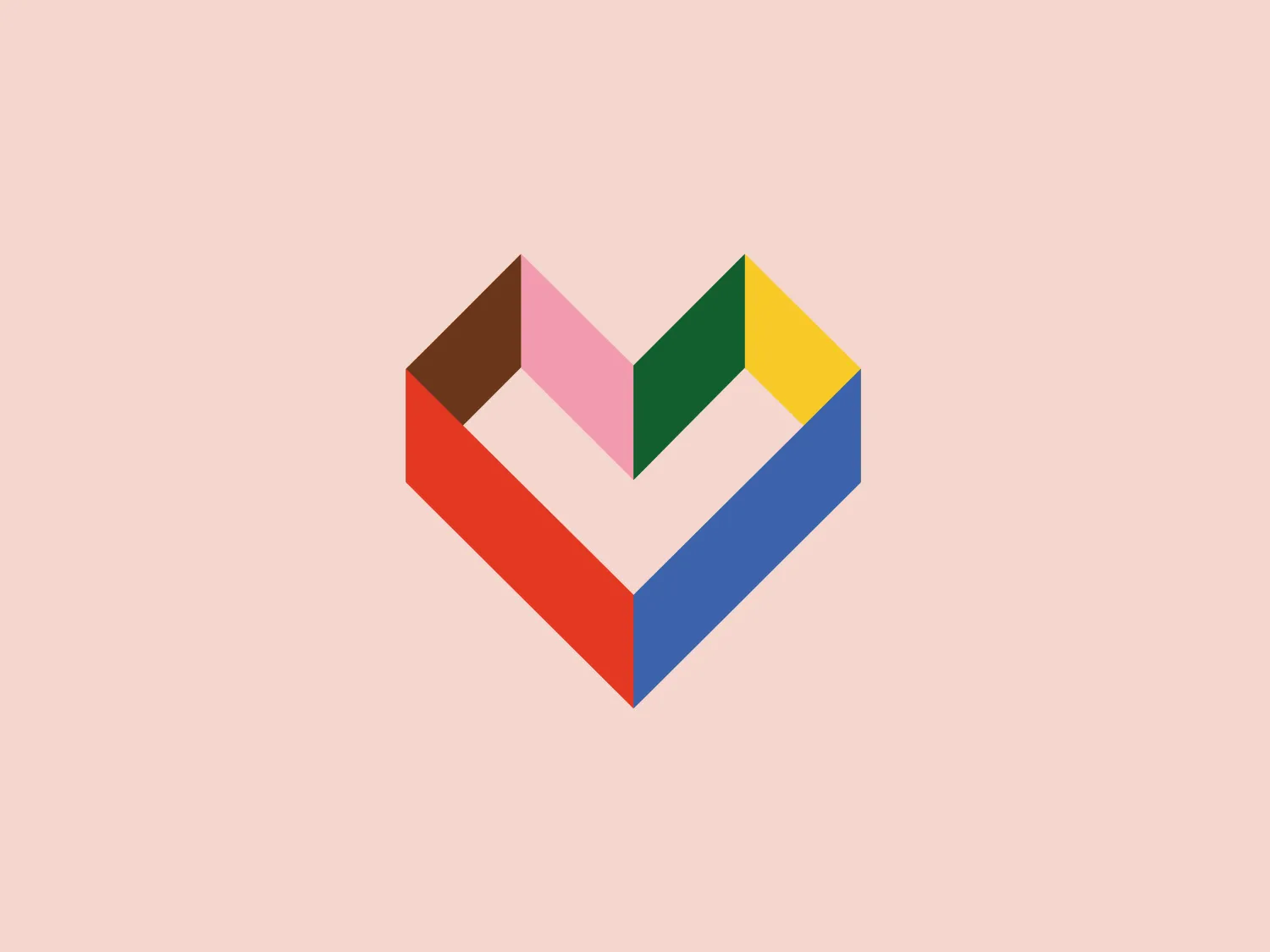 The Modsy logo features a stylized, three-dimensional, isometric heart shape consisting of multiple facets with flat colors. The heart's upper sections appear in shades of light pink and green, while its lower left section is orange, and the lower right section is blue. The design conveys a sense of modernity and simplicity, with its clean lines and pleasing geometric form creating a contemporary aesthetic. The colors are bright and friendly, yet not overly saturated, adding to the design's inviting and innovative feel. This logo would stand out well against a soft, neutral background that does not compete with its vibrancy.