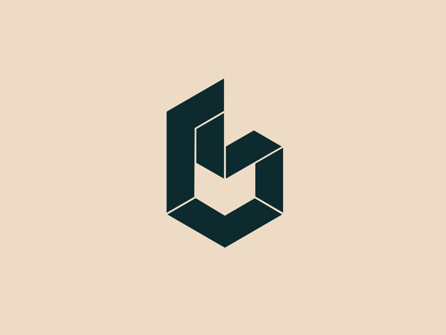 The image is of a sleek, geometric Brickland logo featuring an abstract representation of the letter "B." The design consists of interlocking shapes that form the letter in a three-dimensional manner. The colors of the logo are dark teal or forest green with contrasting white lines that outline the contours, adding depth and modernity to the design. The overall aesthetic is minimalist and crisp, with a clean, contemporary feel. The design plays with perspective and space, suggesting innovation and precision.