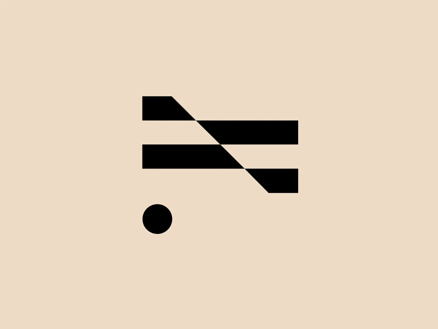 The FreshBrands logo features a minimalist, abstract design of three thick, horizontal black bars that decrease in length from top to bottom, angling downwards from left to right. Below the shortest bar, there is a small, solid black circle placed slightly to the right, creating an asymmetrical look. The use of negative space forms a stylized "E" shape. The design is stark and modern, with a monochromatic color scheme allowing for versatility. Given its simplicity and neutrality, a subtle background color would complement it well.