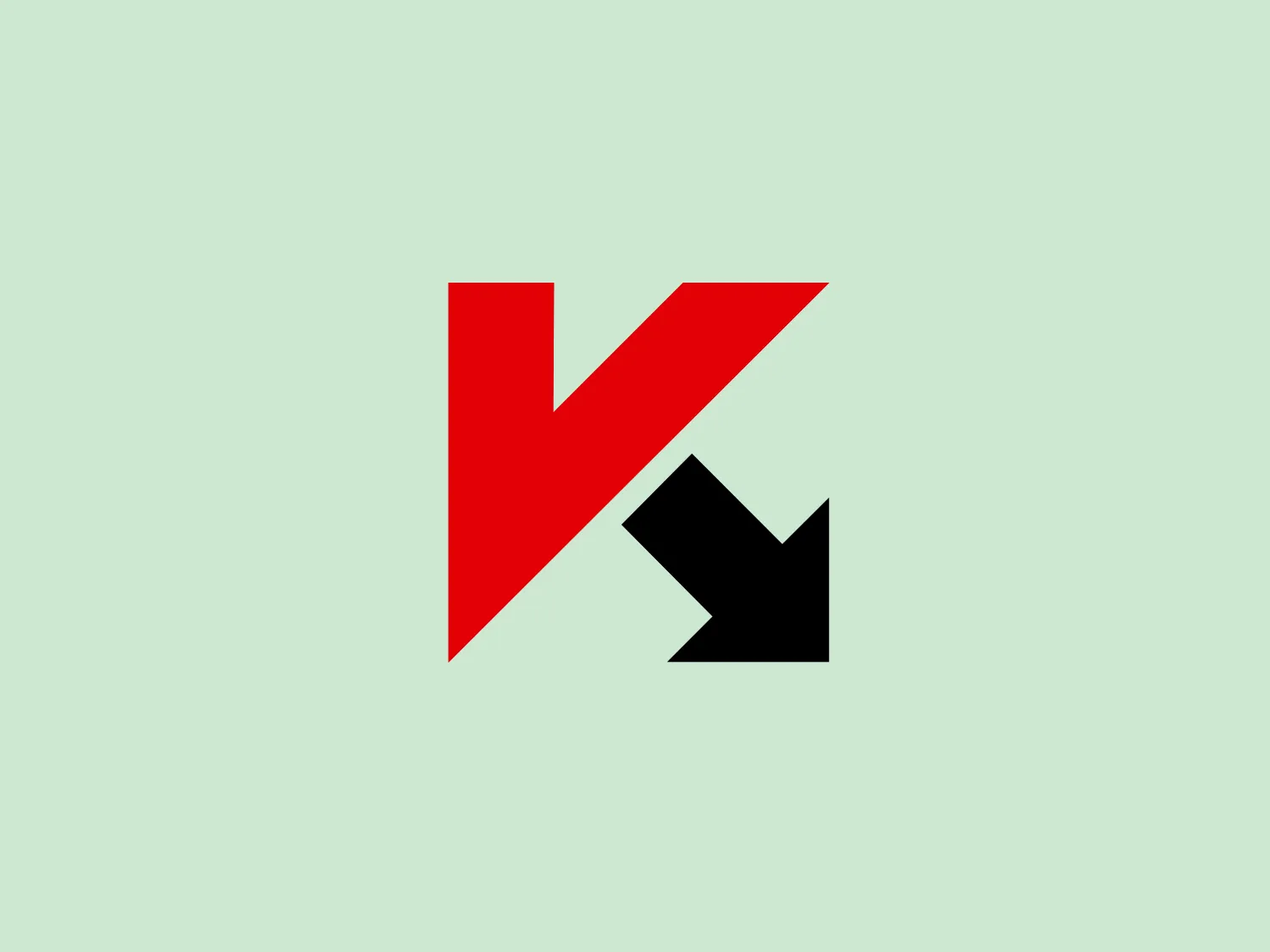 The Kaspersky logo features a bold and angular design consisting of two distinct shapes that form a stylized letter 'K'. The top shape is a bright red triangle with its hypotenuse on the bottom, pointing upwards to the left at a sharp angle. The bottom shape is a black polygon resembling an inverted and skewed 'L' or a right arrow, effectively completing the abstract representation of the letter 'K'. The design is simple yet striking with a high contrast between the red and black colors, giving it a vibrant and dynamic aesthetic. This logo likely represents a modern, energetic brand with a focus on strength or action.