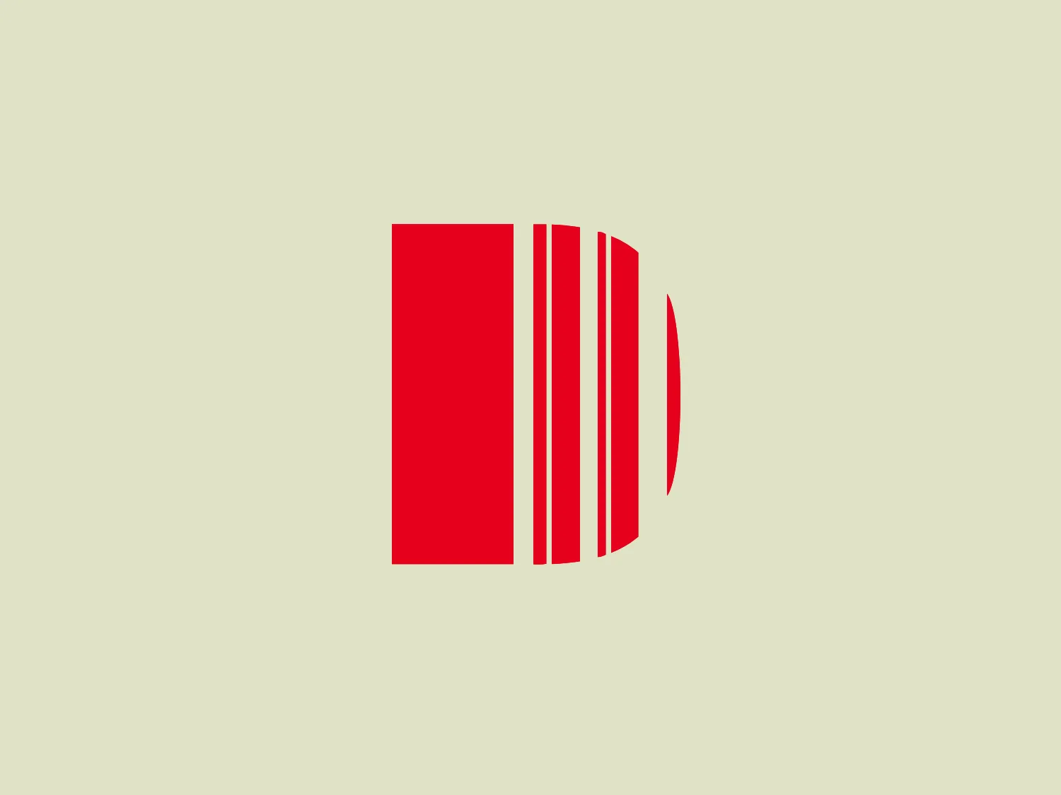 The Drum Design Awards logo is a stylized, abstract graphic made up of a set of vertical bars with various widths, creating a dynamic rhythm. The bold red color gives it a strong visual presence. The leftmost bar is the widest, representing strength or foundational stability, and the bars progressively decrease in width toward the right. This transition from solid block to slimmer stripes and the furthest right element resembling a semicircle or disk suggests movement, sound, or progression. The overall aesthetic is modern, clean, and suggests energy or technology. This design has a sense of forward motion and could be associated with digital media, sound engineering, or data visualization.