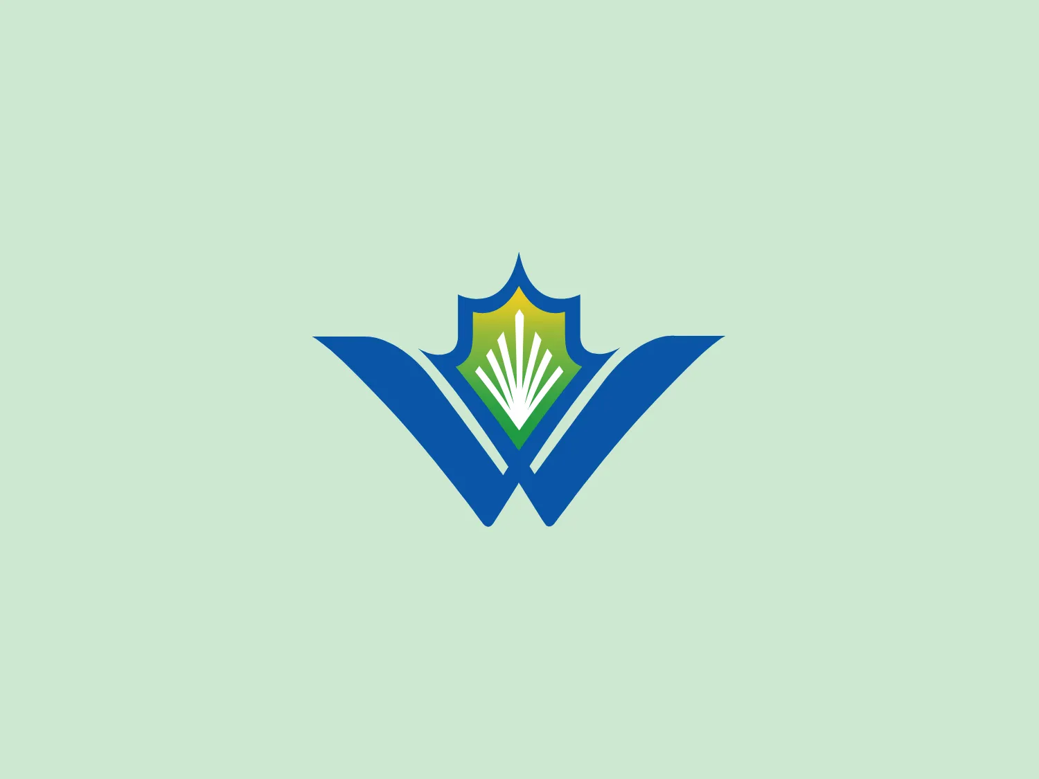 The Region of Waterloo logo features a stylized shield encompassing a green burst of lines representing rays or an abstract plant. It is contoured by a yellow outline transitioning to a lighter shade at the top, resembling a glow or shine. This emblem is placed over a blue, angular 'V' shape giving the impression of a bird in flight or a victory symbol. The design conveys energy, growth, and triumph through its upward motion and bright color palette. Overall, the logo has a modern and dynamic feel, with clean lines and sharp angles suggesting precision and advancement.