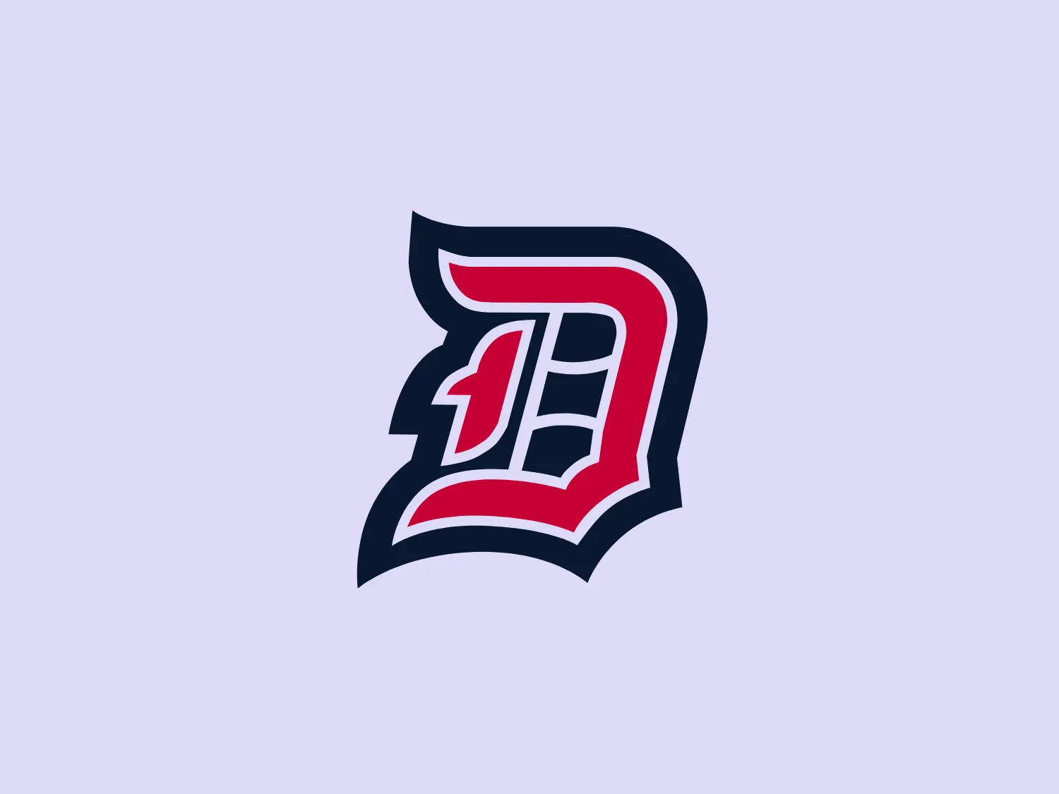 The logo for Duquesne Dukes is a stylized representation of two overlapping letters, appearing to be a "D" and a "P" that are intertwined or superimposed. It is designed using thick lines with sharp angles and dynamic curves, giving it a bold and modern appearance. The primary colors used in the logo are a dark navy blue and a vibrant red, with white outlines that enhance the distinction between the elements of the logo. The dark navy provides a strong base, the red adds energy and focus, and the white outlines ensure the logo's components are distinct. The overall design conveys a sense of speed or motion and has a sporty, aggressive aesthetic.