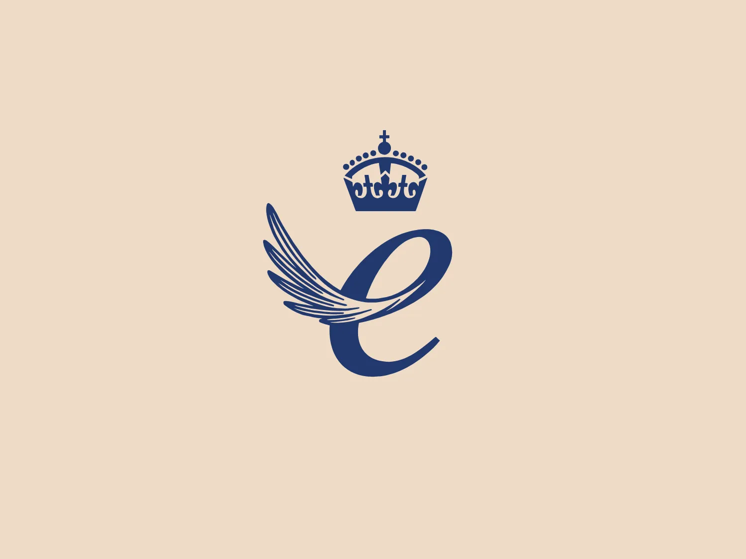 The Queen's Awards logo features a stylized letter "E" with a dynamic, wing-like extension on the letter's left side, suggesting motion or speed. The letter is in a deep blue color with a slight gradient, giving it depth and a polished, professional look. The wing element is finely detailed, with multiple feather-like lines that add to the sense of elegance and grace. Above the "E," there is a small, intricate crown, detailed with crosses and dots, indicating a sense of regality or superiority. The overall design aesthetic is one of sophistication and high-end branding. Considering the deep blue color of the logo, a light and subtle background would complement it well.