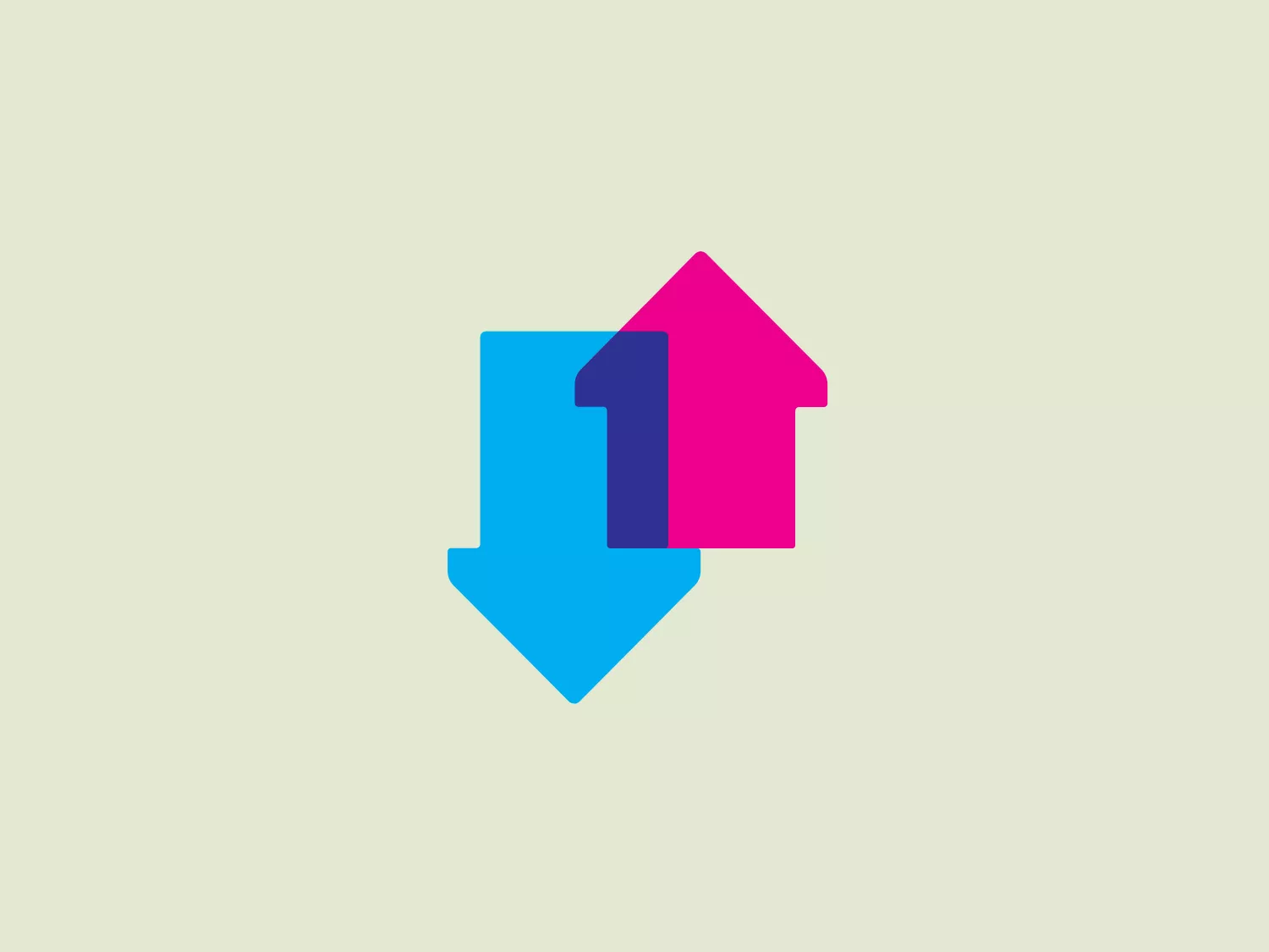 The Official Charts logo features a stylized depiction of two arrows or house shapes interacting, one pointing upwards and the other downwards. The upward arrow or house overlay partially onto the downward one. The design uses a vibrant color palette: the upward shape is filled with a striking magenta, and the downward shape is colored with a bold blue, with the point of intersection revealing a blending of the two colors. The shapes are simple but convey a sense of motion or change. The overall aesthetic is modern and dynamic, suggesting progress or exchange.
