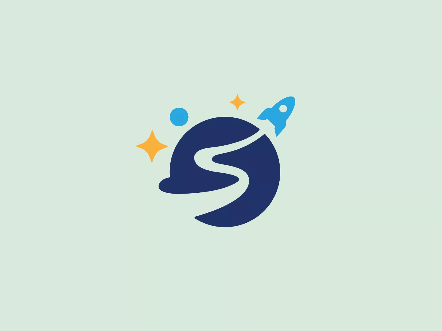 The logo for Stellar Playschool comprises a dark blue stylized letter "S" that resembles a winding river or path, set against the silhouette of a spherical shape hinting at a planet. To the right of this central motif, there is a bright blue rocket ascending along with three yellow stars, conveying a sense of space exploration or achievement. The overall design has a modern, clean aesthetic with a sense of dynamism and innovation conveyed through the imagery of space travel.