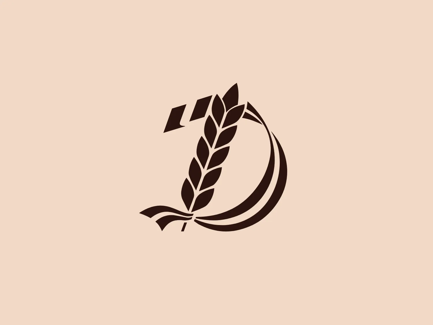 The Délifrance logo features a stylized design combining elements that resemble a stalk of wheat and a partial circular shape, giving the impression of a dynamic and organic emblem. The wheat element has grains that are detailed and taper to a point, indicating growth and agriculture. The circular form behind it creates a sense of motion and completion. The entire logo is monochromatic, using a deep brown shade that conveys a sense of earthiness and natural origins. The aesthetic of the logo suggests themes of sustainability, nature, and possibly organic or whole foods. Given the earthy tones of the logo, a light and neutral background would complement it well.