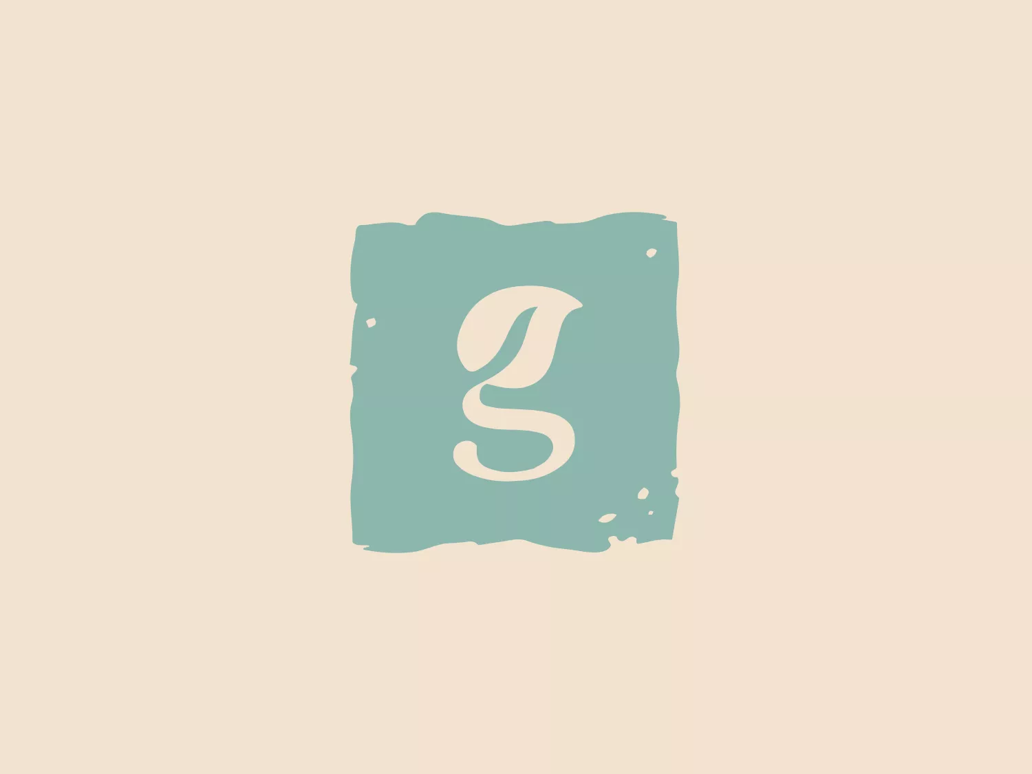 The image showcases a minimalist and artistic logo featuring a stylized letter "S" in a light cream or white hue, set in the center of a freeform, brushstroke-like backdrop in a muted teal color. The overall aesthetic blends a modern simplicity with a touch of informality, suggesting creativity and approachability. The edges of the teal backdrop have a textured, slightly uneven look, as though it was hand-painted with a thick brush for Green Serene.