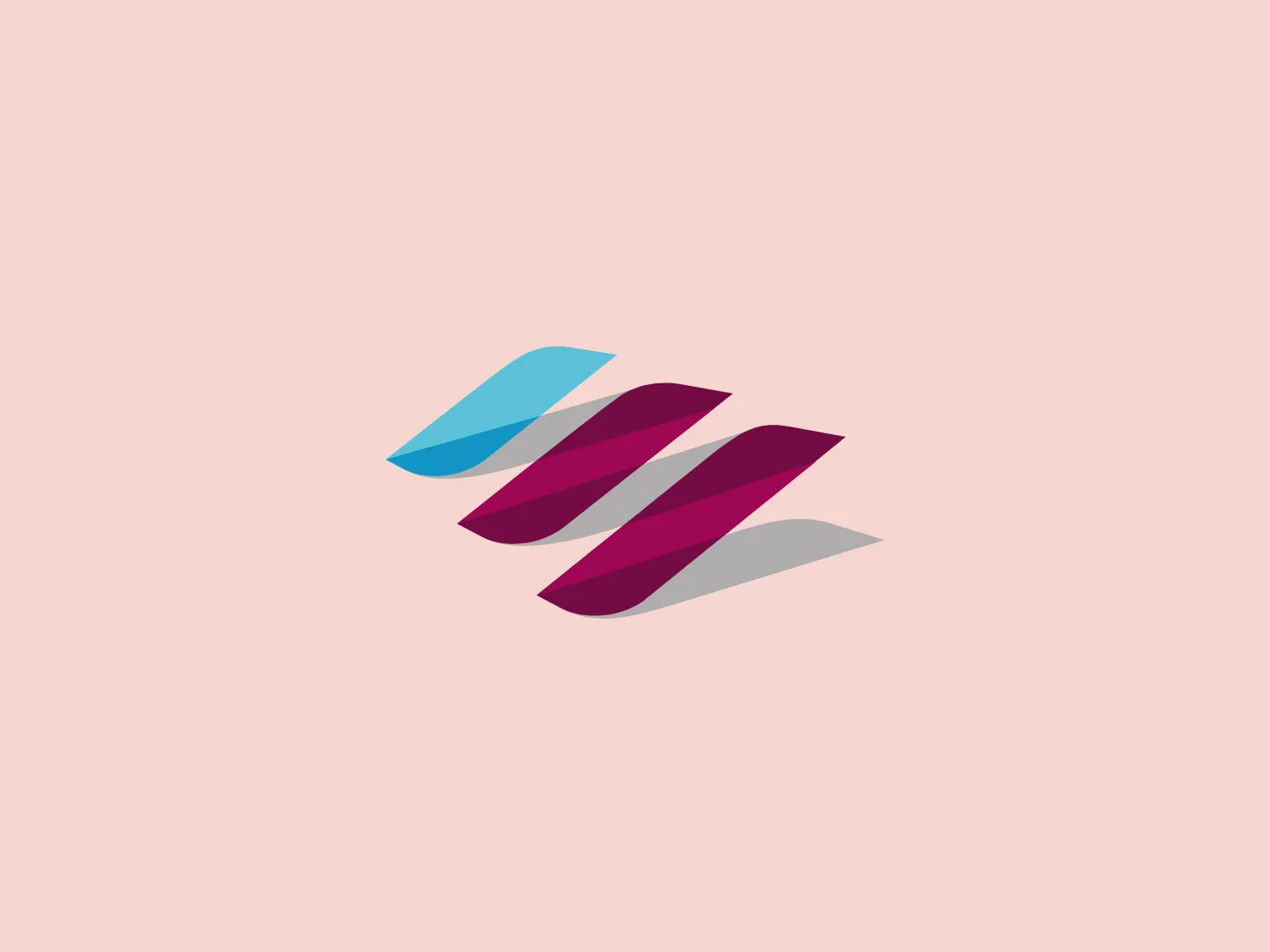 The Eurowings logo features three-dimensional stylized chevrons layered over one another, creating a sense of depth and motion. The foremost shape is a light cyan blue (#4BC6E7), followed by a deeper magenta (#9C1A6F), both exhibiting a glossy sheen. The use of shadow adds to the perception of the shapes floating above the surface. The design aesthetic is modern and dynamic, suitable for a brand that conveys innovation and forward momentum. The simplicity of the design allows for scalability and versatility in various applications. Hexcode: #E9E5CF