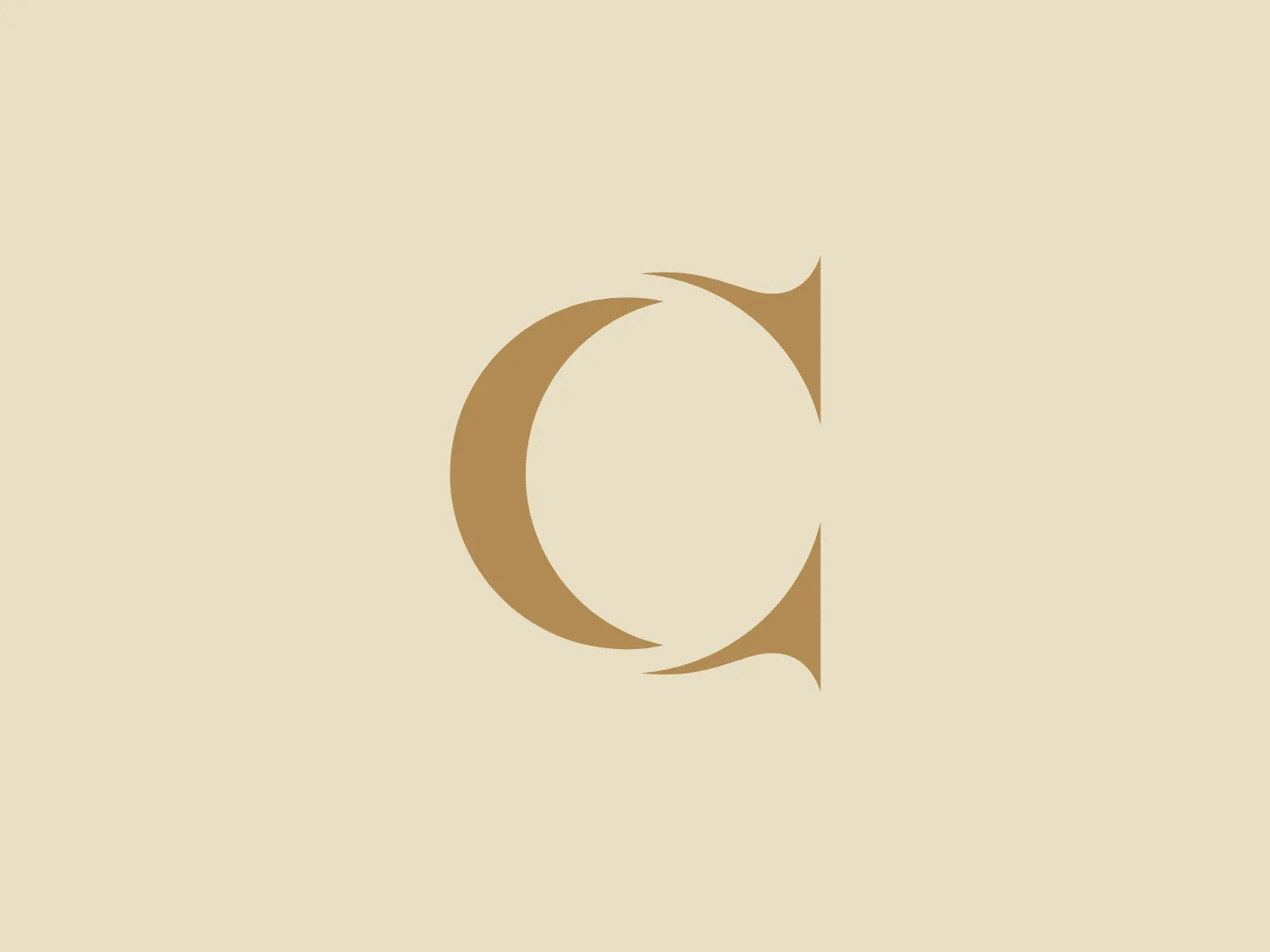 The image is a minimalist, monochromatic logo featuring a stylized letter "C" in a serif font. The color of the "C" is a muted gold/brown shade, which gives a feeling of elegance and luxury. The logo's design is simple yet sophisticated, with the tips of the letter extending slightly into sharp, delicate points that add to its distinctive character. This logo would pair well with a subtle background that does not compete with its understated elegance.