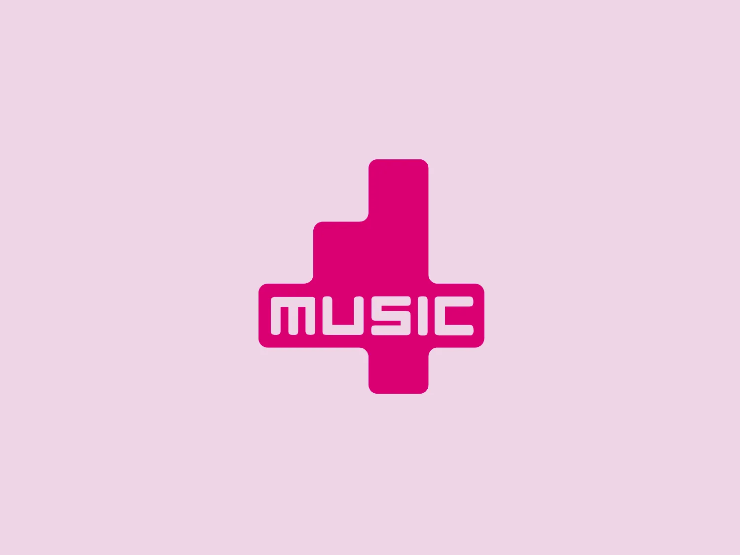 The 4 Music logo showcases a stylized plus sign formed by vibrant pink and white elements. The main body of the plus sign is a dynamic magenta pink, radiating a youthful tone. Across the horizontal bar, the bold, white capital letters "MUSIC" stand out, offering a stark contrast. The design is modern, minimalistic, and has a playful yet straightforward appeal, evoking energy and a connection to contemporary music culture.