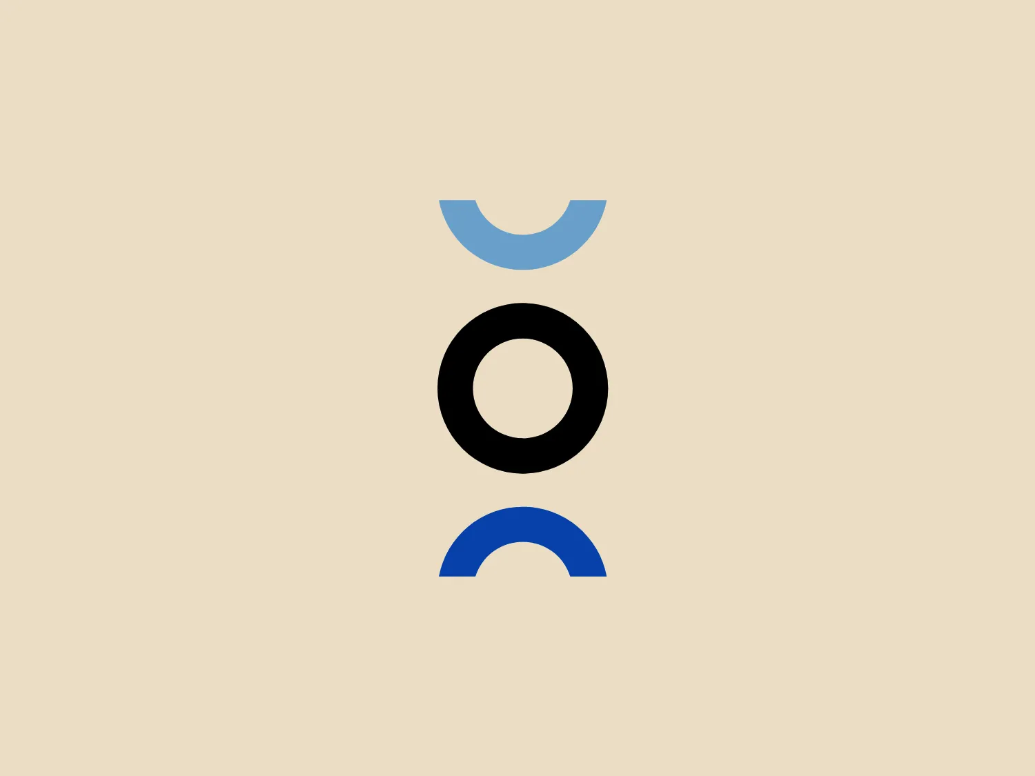 The image is a minimalistic logo composed of geometric shapes forming an abstract figure representing a person or character. It features a light blue semi-circle at the top, a solid black circle in the middle, and a dark blue, slightly wider semi-circle at the base, creating a modern and clean aesthetic. The use of sharp lines and clear geometric forms gives the logo a contemporary and professional appearance.