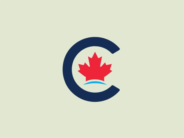 The Conservative logo features a stylized letter "C" in dark blue, wrapping around a red maple leaf, positioned in the center of the design. Beneath the leaf, there is a subtle wave-like shape in light blue. The letter "C" has a bold, slightly beveled effect, creating a 3-dimensional appearance. The maple leaf is detailed with pointed edges, adding an organic and natural element to the logo. The striking color contrast between dark blue, red, and light blue balances modernity with a traditional feel. The overall design is clean, professional, and distinctly Canadian in its symbolism.