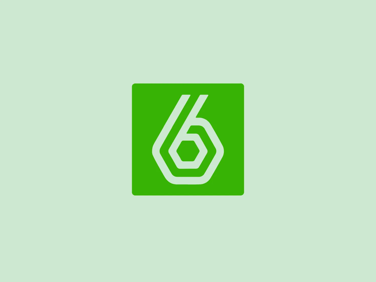 The Sixth TV's logo is a stylized, geometric design that features a white hexagon in the center, with a white numeral six inset. It shares its edges with the hexagon, creating a unified, bold symbol. The entire design is set against a vibrant green square background, giving the logo a fresh and energetic look. The hexagon's sides are of varying lengths, adding a dynamic and modern twist to the classic geometric shape. The use of white for the figure creates a stark contrast against the green, enhancing visibility and recognizability.