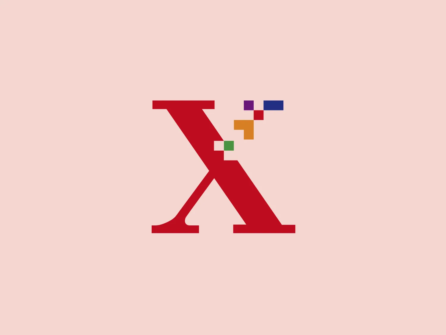 The Xerox logo is a stylized representation of the letter "X", with a bold, sans-serif typeface and a vivid red color. Positioned on the upper right part of the "X" are three small squares and one small rectangle, with each shape colored differently in deep blue, purple, yellow, and green, giving the impression of pixels or elements coming together. This suggests a theme of technology, digitalization, or construction. The design balances minimalism with a touch of playfulness through the use of colors and geometric shapes.