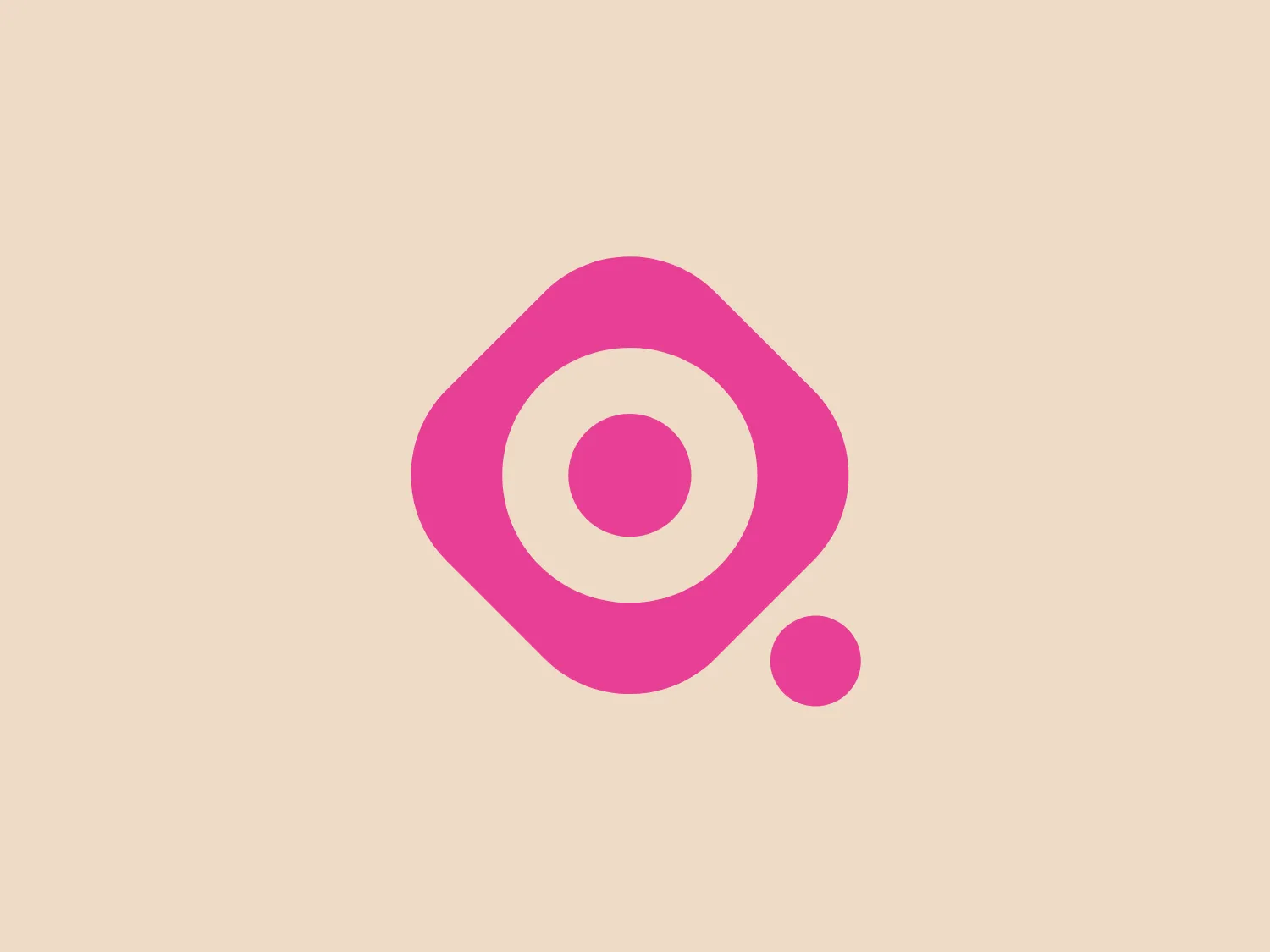 The Marquiz logo features an abstract design with a vibrant pink squircle and a centered white circle. A smaller solid pink circle towards the bottom right creates visual balance, suggesting connectivity or focus. The bright pink color gives the logo a playful yet bold look that stands out, making it ideal for a modern and clean aesthetic.