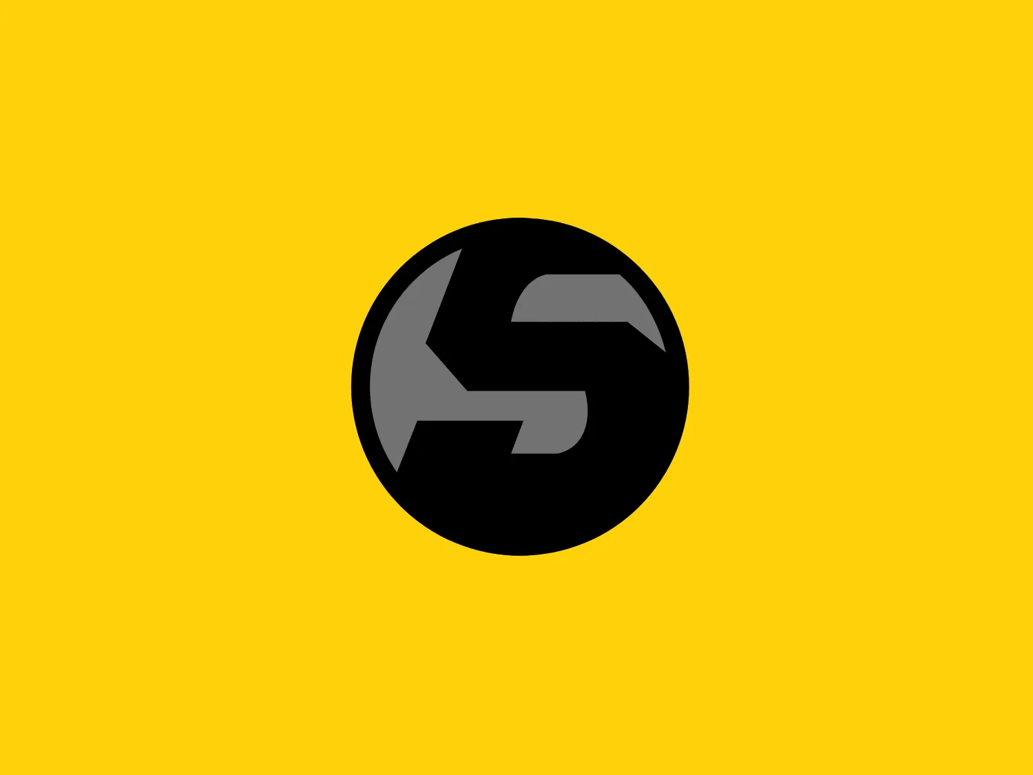 The Football Five logo features a bold, stylized letter "S" in a vivid yellow color (#FFD700) against a black circular background. The "S" is designed with sharp angles and straight edges, giving it a modern and dynamic feel. The negative space on the top and bottom of the letter forms two arrow-like shapes, hinting at movement and direction. The contrast between the bright yellow and the dark background makes the logo pop and draws attention to the central letter. Due to the striking contrast and simplicity of the design, this logo would stand out well against a variety of backgrounds.