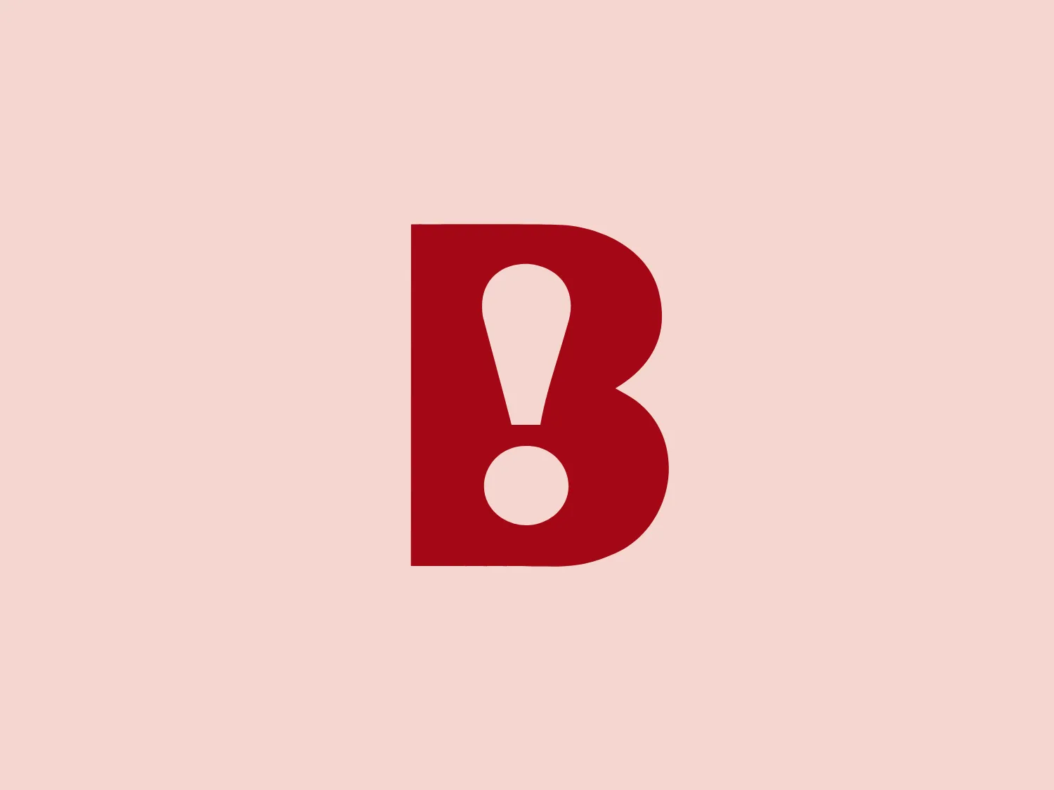 The image portrays a bold, minimalistic logo consisting of a stylized letter "B" merged with an exclamation mark. The main body of the "B" is thick and red (#FF0000), seamlessly incorporating the exclamation mark into the letter's design, featuring a white circle as the mark's bottom dot. The design conveys a sense of urgency or excitement. The clean lines and absence of additional elements focus attention on the clever integration of the two symbols. The logo belongs to Denk Mal an Berlin. Hexcode: #F7DED6