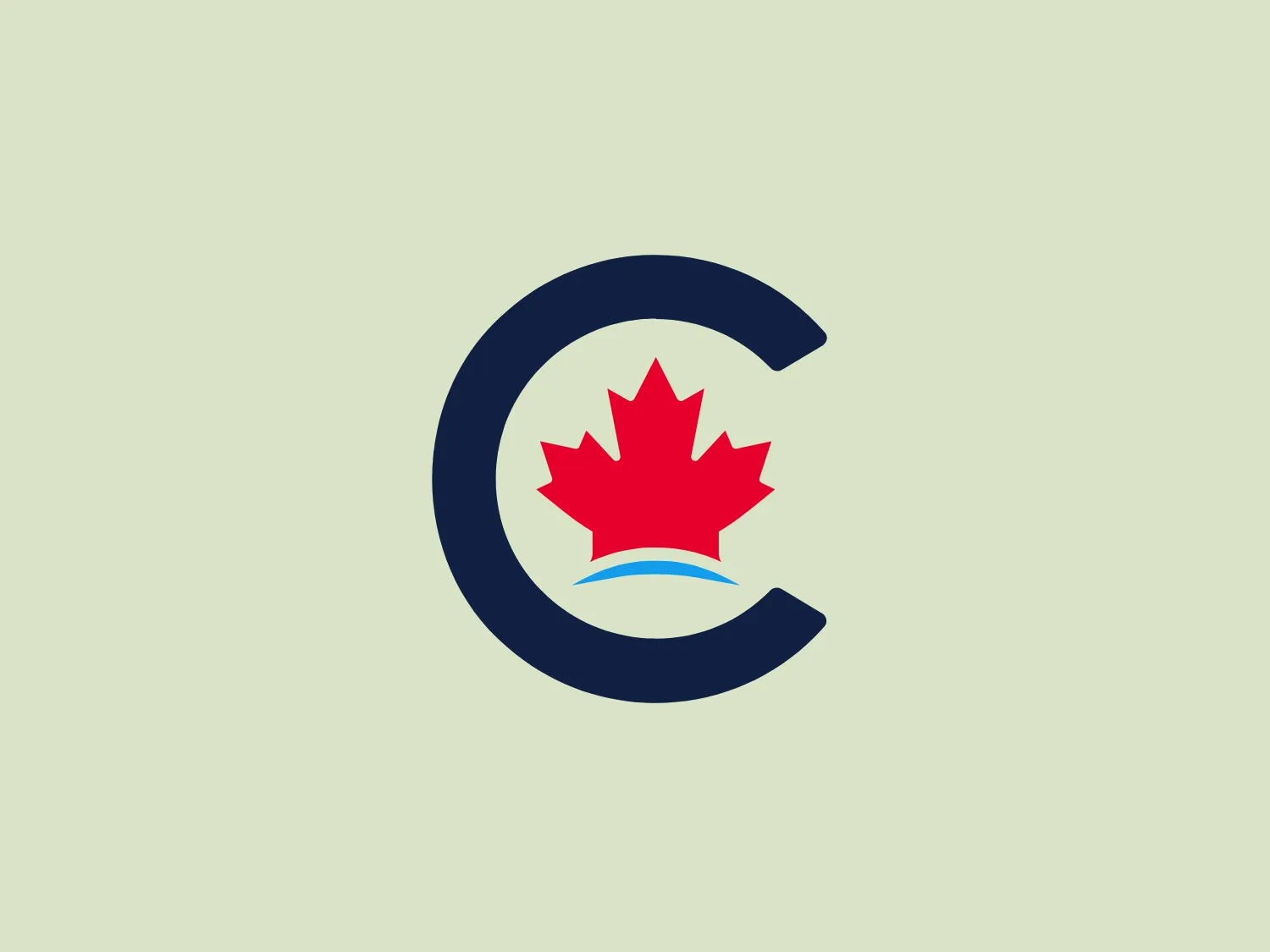 The Conservative logo features a stylized letter "C" in dark blue, wrapping around a red maple leaf, positioned in the center of the design. Beneath the leaf, there is a subtle wave-like shape in light blue. The letter "C" has a bold, slightly beveled effect, creating a 3-dimensional appearance. The maple leaf is detailed with pointed edges, adding an organic and natural element to the logo. The striking color contrast between dark blue, red, and light blue balances modernity with a traditional feel. The overall design is clean, professional, and distinctly Canadian in its symbolism.