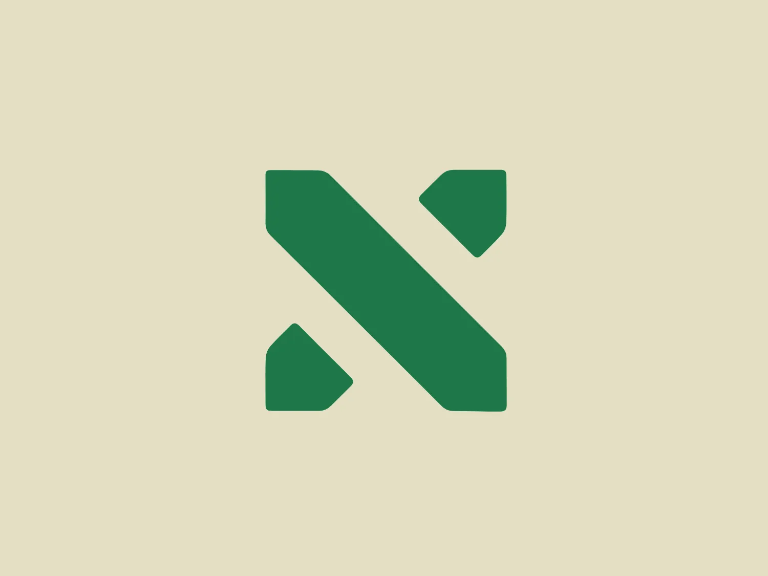The Oxsome logo displays a simple and bold design, featuring geometric shapes that form a stylized letter "N." The main elements include a large diagonal rectangle slightly skewed to the right, intersected by a smaller horizontal rectangle to create the central part of the "N." Additionally, two mirrored triangles complete the top part of the letterform. The solid dark green color lends a professional and robust appearance to the logo, while its smooth, minimalist design conveys a modern aesthetic.