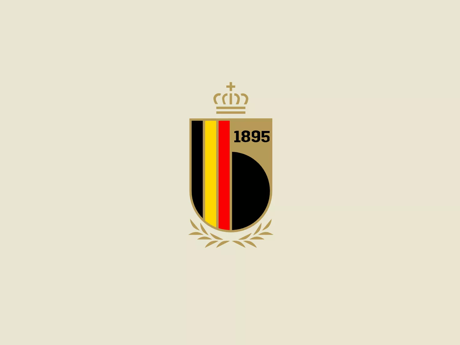 The Royal Belgian Football logo features an elegant shield-like design, starting with a golden outline that encapsulates the central elements. The top is adorned with a regal crown, indicating prestige or a connection with royalty or excellence. Within the shield, vertical stripes of black and gold are divided by a thinner red stripe, providing a striking color contrast. The vertical division suggests strength and uprightness. Below the stripes, the year "1895" is prominent in gold, suggesting a rich history or founding year. The numbers have a classic serif font, adding to the logo's traditional feel. The shield rests on two curved branches, likely laurel or olive, symmetrical and rendered in a soft golden tone, symbolizing peace or victory. The logo's use of metallic colors and clean lines conveys a sense of luxury or significance.