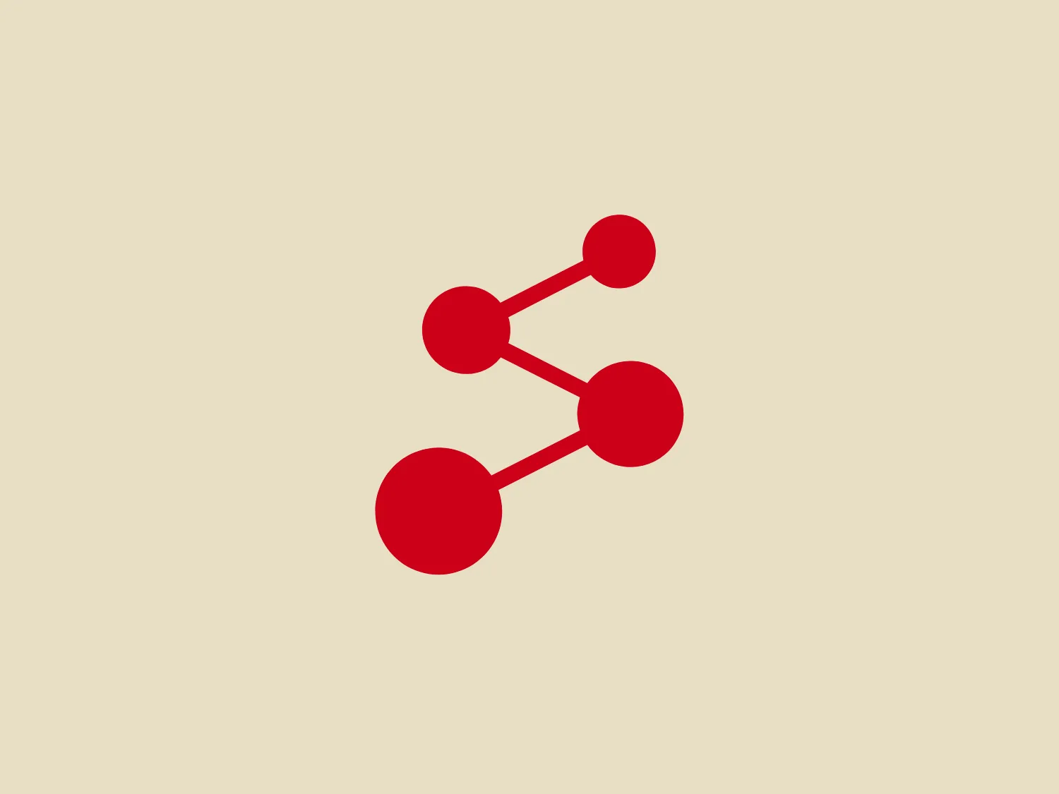 The Montreal Science Centre logo is a stylized, minimalist representation of a molecule or a network, composed of three solid red circles connected by two straight lines, suggesting bonds or relationships. The largest circle is positioned to the top left, with a smaller circle directly below it, and the smallest circle to the right, connected to both other circles with the linking lines, creating an asymmetrical triangular configuration. The use of bright red for the circles gives the logo a bold and energetic feel, while the clean lines convey modernity and professionalism. Considering the vividness of the red, a neutral background would complement it well.