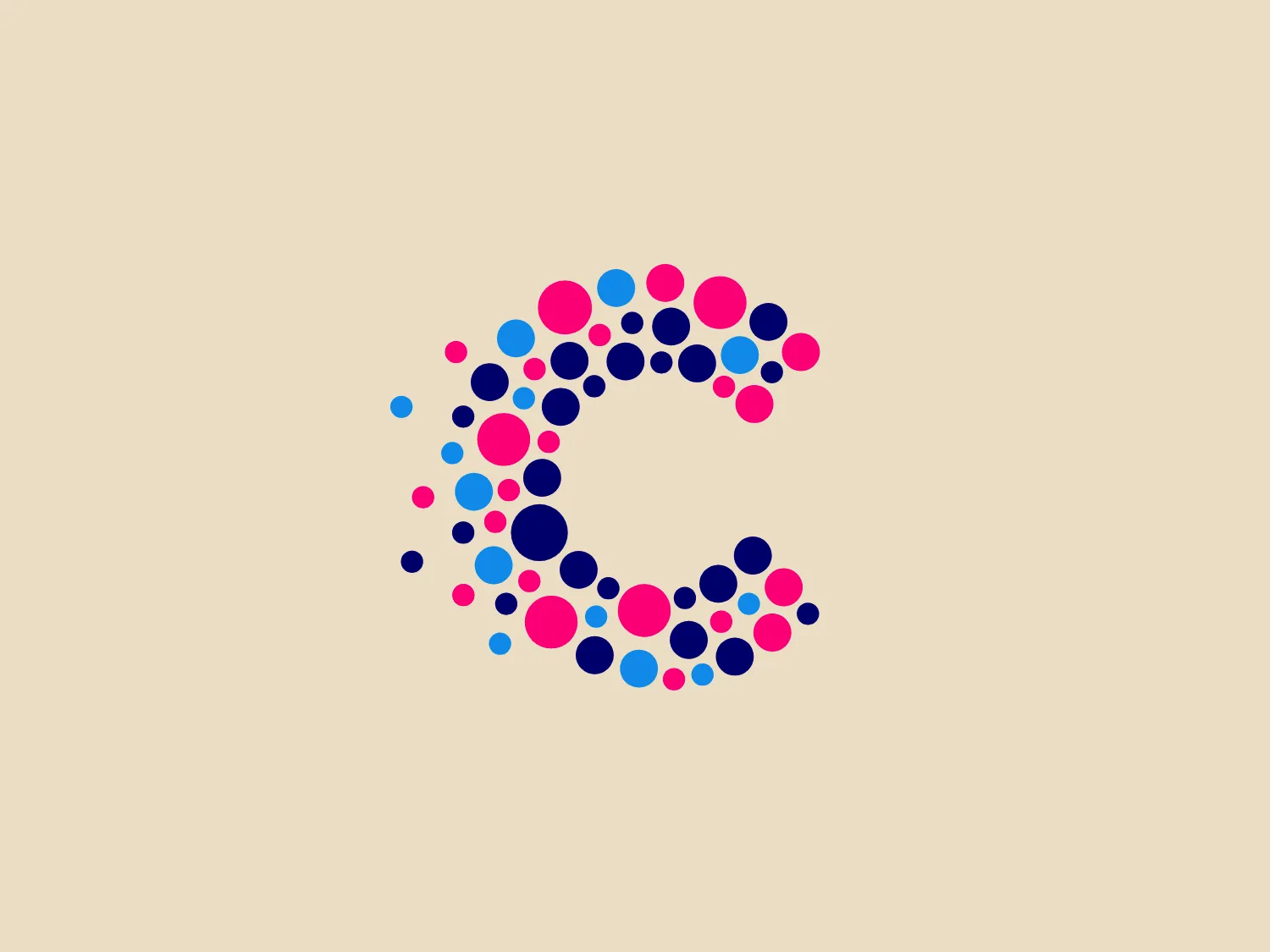 The Cancer Research UK logo features an abstract, circular design composed of variously sized dots that range in color from dark blue to pink, creating a gradient effect. The dots themselves are arranged in a loose formation that suggests a swirling motion, giving the design a dynamic and fluid quality. Despite the diversity in color and size, the dots maintain a harmonious balance and collectively hint at the shape of the letter "C." The overall aesthetic is playful and modern, with the use of negative space contributing to the logo's sense of movement and energy.
