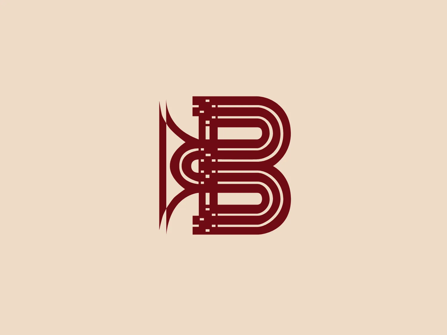The Biggar Music Club logo showcases a stylized letter "B" with tech-inspired detailing reminiscent of circuit board tracings. The bold, dimensional font and deep reddish maroon color lend the logo a sophisticated feel. The "B" is constructed with straight and curved lines to create depth and the pseudo 3D effect is emphasized by line shading. Pixel-like embellishments add a digital theme, making it stand out against a soft, neutral background.