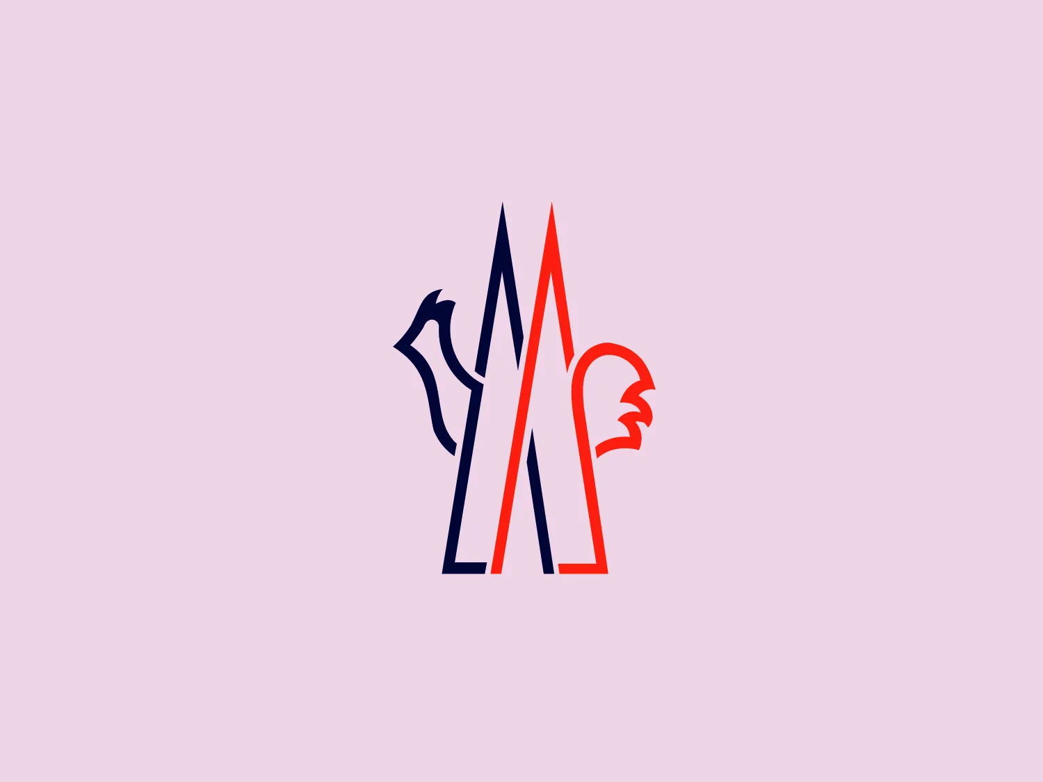 The Moncler logo features a stylized representation of three peaks with a distinctively modern aesthetic. The tallest peak in the center is colored in a vibrant red with a crisp bevel at the apex, flanked by two other peaks—one in dark blue and the other in a muted gray or silver. Each peak has unique contours that suggest a dynamic and upward-reaching motion. The blue peak on the left has a curved notch that could be seen as a stylized bird in flight accentuating the sense of elevation and aspiration. The combination of the peaks and bird creates a feeling of freedom and success.