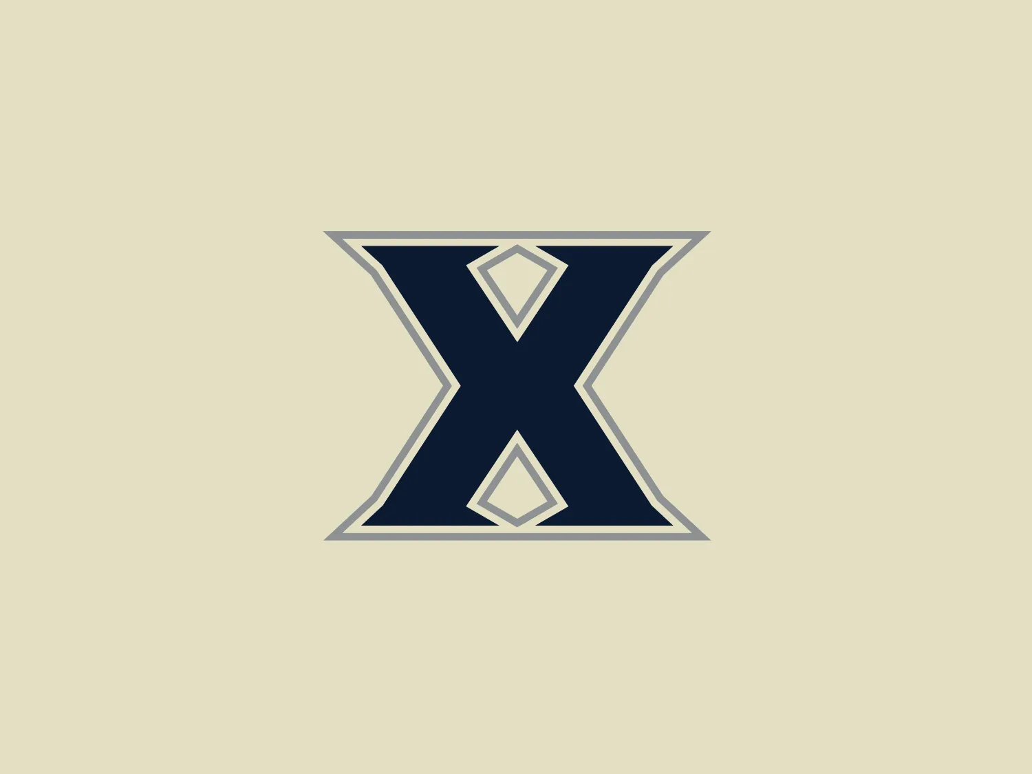 The Xavier University logo features a stylized letter "X" with a bold, sans-serif typeface. The central part of the "X" is a deep navy blue, while it features a double outline with a thick white inner band and a thin navy blue outer edge that matches the central color. The design includes two diamond shapes that are cut out of the "X," symmetrically positioned within the upper and lower arms of the letter, giving it a refined and somewhat prestigious look. The design is simple, modern, and carries a professional aesthetic that would suit corporate or technological branding.