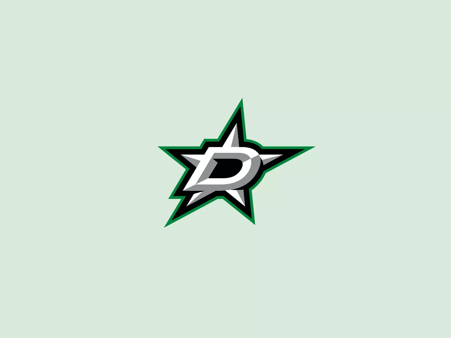 The Dallas Stars logo features a bold, stylized letter 'D' in the center, set against a dynamic star shape with sharp edges, conveying a sense of energy and movement. The 'D' is designed with a three-dimensional metallic effect, using gradients of grey and white to create depth and highlight. The star itself uses two shades of green – a darker forest green for the main body and a brighter green outline to add contrast and vibrancy. The black outlines on both the 'D' and the star enhance the logo's boldness and ensure its visibility. The overall design aesthetic is modern and sporty, likely representing a team or brand associated with action and dynamism.