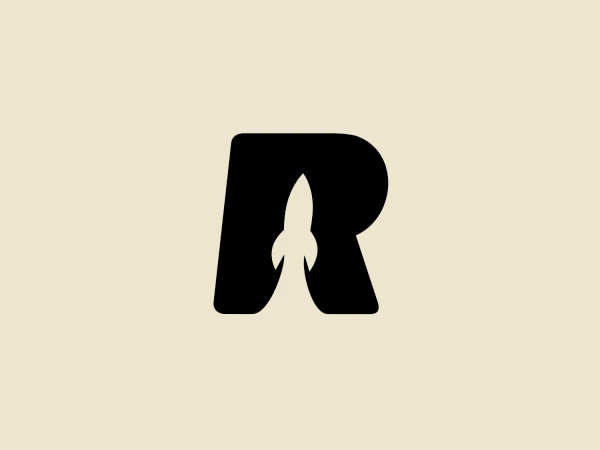The Rocket Holding logo incorporates a bold, black uppercase letter 'R' with a distinctive cutout in the center, resembling a rocket or shuttle. The design exudes modernity with sharp lines, imbuing a dynamic and forward-moving character, evoking a sense of speed and advancement that complements the rocket motif. The overall aesthetic is minimalist, making it an excellent fit for a tech or aerospace company.