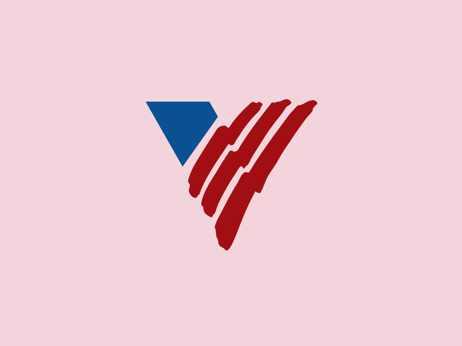 The Volunteers America logo is a stylized design with geometric and organic shapes. Its main component features red, parallel, jagged lines resembling a dynamic abstract wing or speed lines, conveying motion. The lines are arranged in a descending diagonal angle, contrasted by a solid blue triangle at the top left, providing a sense of direction or origin. The color scheme is bold and simple, using red and blue to create a striking contrast. The design has a modern and energetic aesthetic with a hint of aggressiveness or forward momentum.