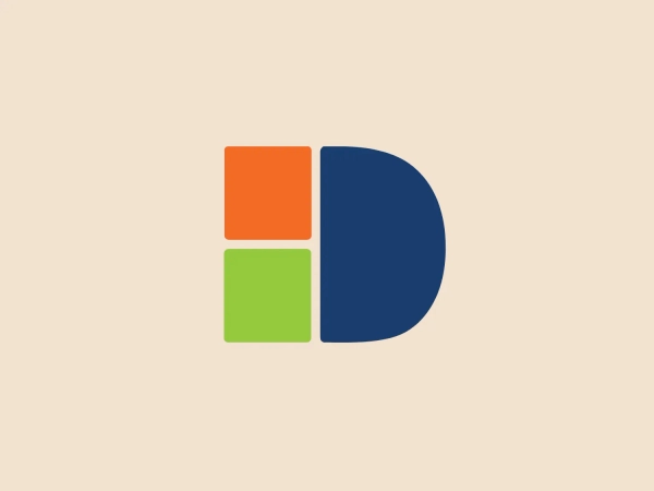 The logo for DCM features a simple and modern geometric design, composed of three flat shapes arranged to suggest a letter or a graphical element. On the left, a bright orange square sits atop a lime green square, while on the right, a navy blue semi-circle spans the height of the two squares, aligning perfectly with their right edges. The color contrast is striking, with the warm orange and green set against the cool blue, creating a balanced and eye-catching composition that suggests dynamism and innovation. This logo for DCM would stand out against a soft background that doesn't compete with its vibrancy.