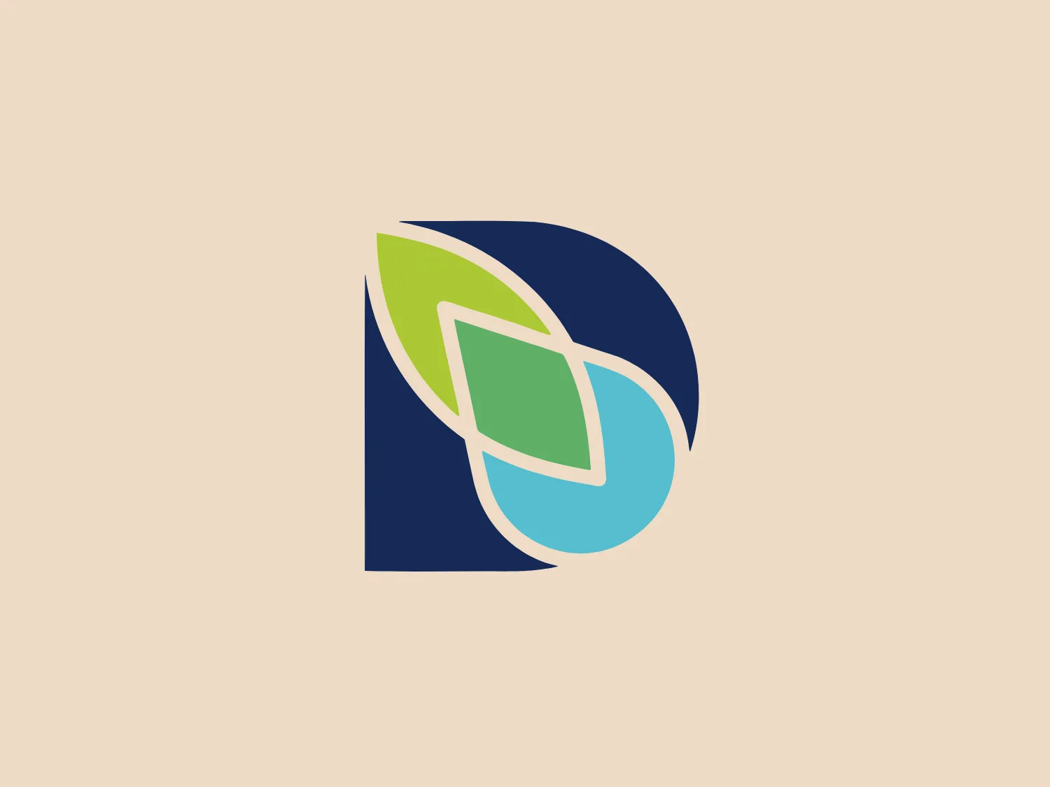 The Dallas Water Commons logo features a stylized letter 'D' in a dark blue color, with modern, clean lines that create a sense of forward motion or evolution. Inside the negative space, two overlapping leaves or petals are depicted, one in a bright lime green and the other in a lighter turquoise, adding a natural or eco-friendly element to the design. The overall aesthetic is contemporary and fresh, with a color palette suggesting sustainability and growth. The shapes are smooth and organic, contrasting with the geometric form of the 'D' to create a balanced and dynamic visual.