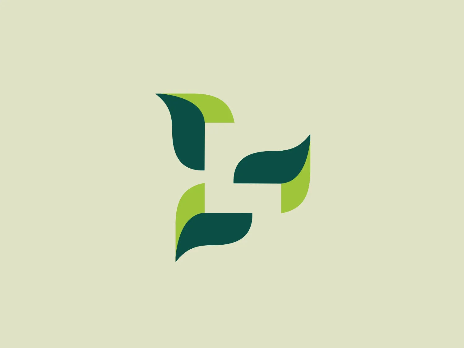 The Long Beach Orthopedic logo depicts a stylized, abstract design composed of four curled elements arranged in a symmetrical pattern, resembling a propeller or a cross. The central convergence point blends the individual parts seamlessly. The color scheme features deep forest green and a lighter, leafy green, creating a vibrant contrast and a natural, fresh aesthetic. The sleek and modern design evokes a feeling of motion and transformation with smooth curves and pointed tips.