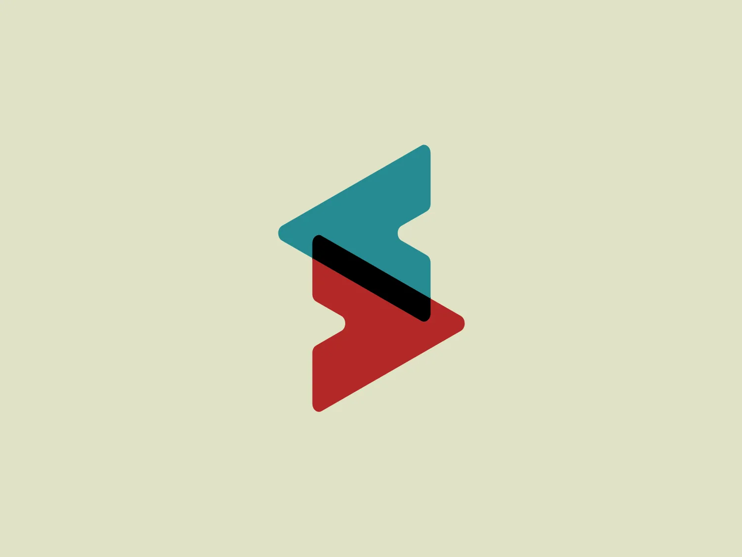 The image depicts a stylized, abstract logo comprised of three overlapping shapes that suggest motion or a dynamic interaction. The primary shapes include an upward-facing teal arrow-like figure at the top, a central black slash providing contrast and depth, and a downward-facing red arrow-like figure beneath. The overall design aesthetic is modern and minimalistic, communicating a sense of forward movement or progress. The crisp edges and intentional asymmetry add to its contemporary appeal.
