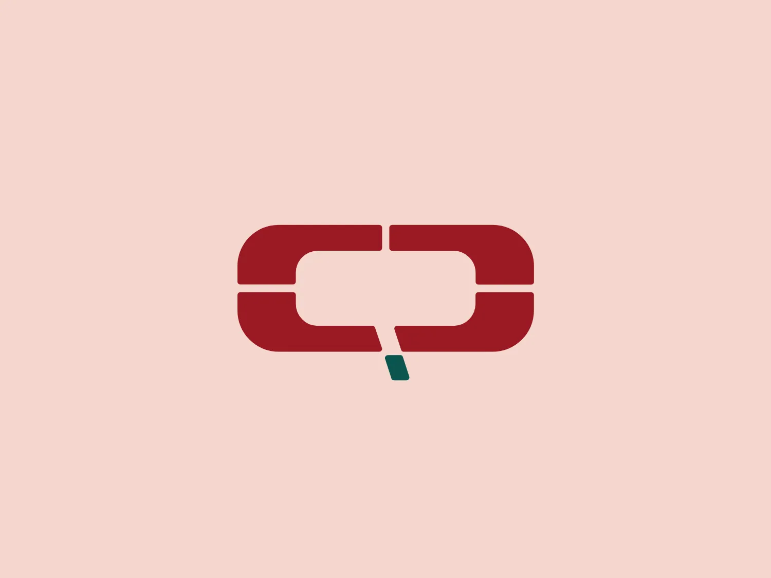 The Quartess logo features a bold, modern design consisting of two solid, interlocking shapes that resemble a stylized letter 'S'. The main color of the shapes is a deep, rich red, contrasted by a small rectangular accent in a dark teal or turquoise color at the bottom center, where the two shapes meet. The design is symmetrical with clean lines and rounded corners, giving it a professional and sleek look. This logo would stand out nicely against a minimalist and subtle background.
