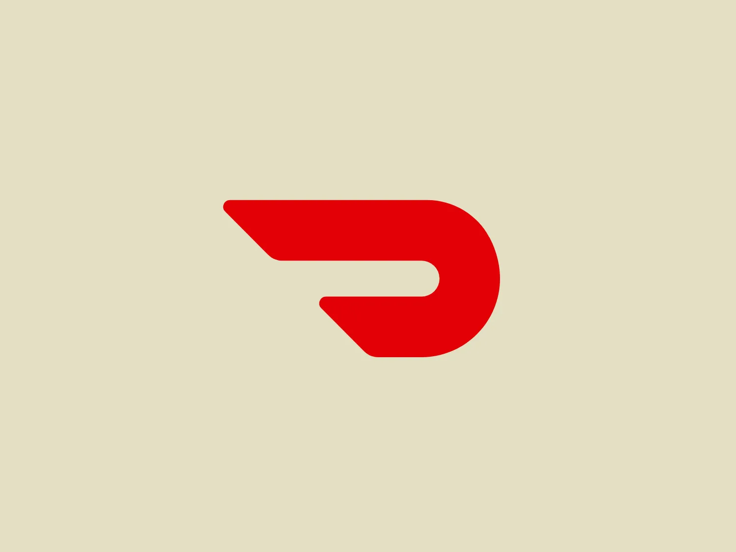 The DoorDash logo features a bold, red stylized letter that resembles a combination of the letters 'D' and 'P'. The design is simple yet dynamic, with a sense of movement created by the arrow-like extension from the upper curve of the 'D' shape. The color is a vivid, flat red, which gives the logo an assertive and energetic feel. The aesthetic is modern and minimalistic, with no additional embellishments, allowing the shape and color to convey the brand identity. Considering the simplicity of the design and its color, a neutral background would complement it well.