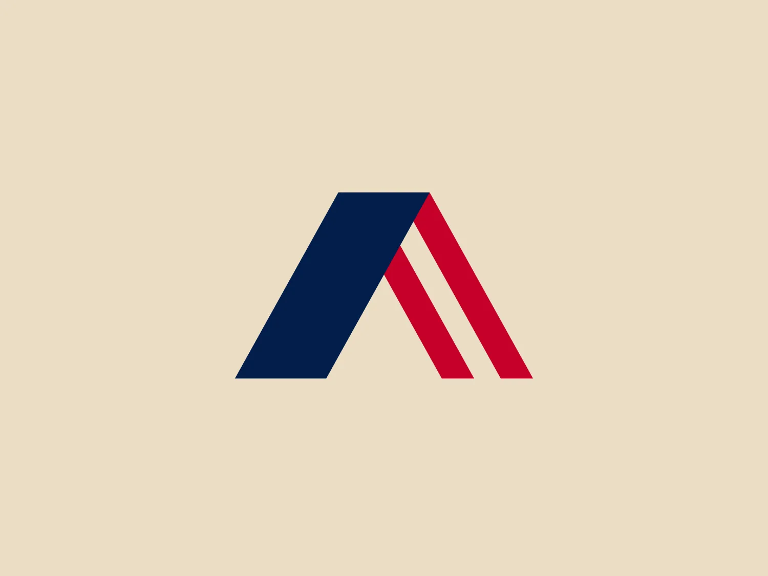 The logo presented here for Armstrong Bank is a stylized letter "A" composed of two right-angled triangles joined at a single point to form a distinctive peak, reminiscent of a stylized mountain or roof. The triangle on the left is a deep navy blue (#000080) color, while the one on the right is split into two shades of red - a darker tone on the outer part and a lighter one on the inner part. The design is simple, modern, and geometric with a strong emphasis on negative space that creates the letterform. This logo has a professional and clean look, conveying stability and strength.
