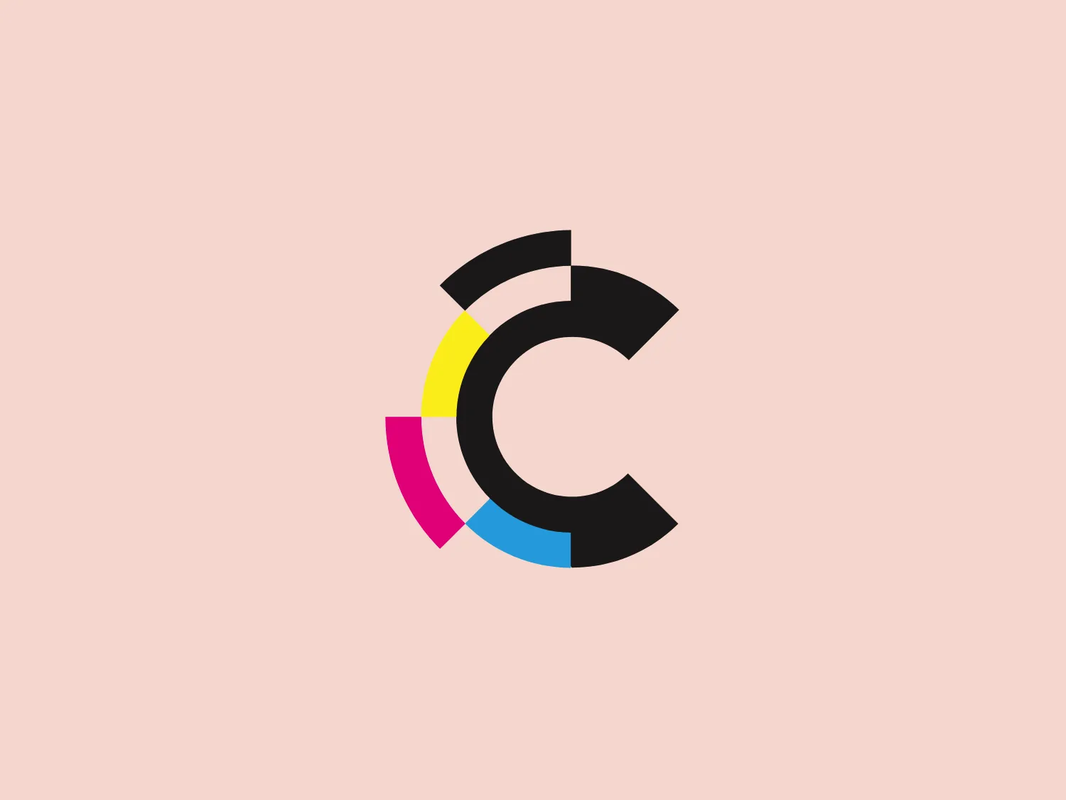 The Calibro logo in the image presents a modern and abstract design resembling a stylized letter "C." It is composed of geometric segments that form a circular negative space in the center, giving the impression of a dynamic and tech-forward brand. The segments feature bold, flat colors—black, yellow, cyan, and magenta, which are reminiscent of the primary colors used in printing processes. The overall aesthetic is clean and contemporary with a hint of playfulness suggested by the use of bright colors. The design is minimalist yet distinctive, with a balance between color and negative space.