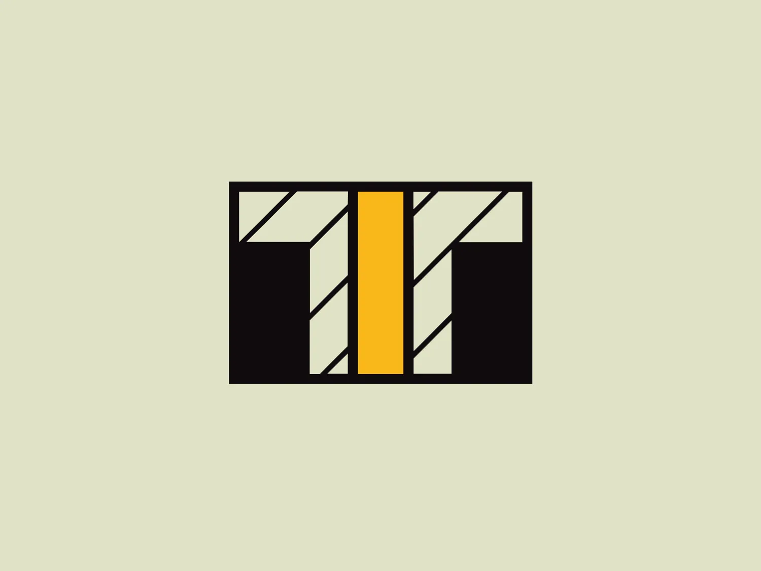 The Tedgum logo features a stylized representation of the letter "M" formed by three vertical bars within a rectangular frame. The center bar is colored in a bold mustard yellow, flanked by two white bars patterned with diagonal lines, creating the illusion of depth. The background is a deep black, which contrasts sharply with the white and yellow, making the design pop. The aesthetic is modern and minimalistic, with bold color blocking and clean lines drawing attention to the central character. The logo communicates strength and clarity due to its simplicity and use of contrasting colors.
